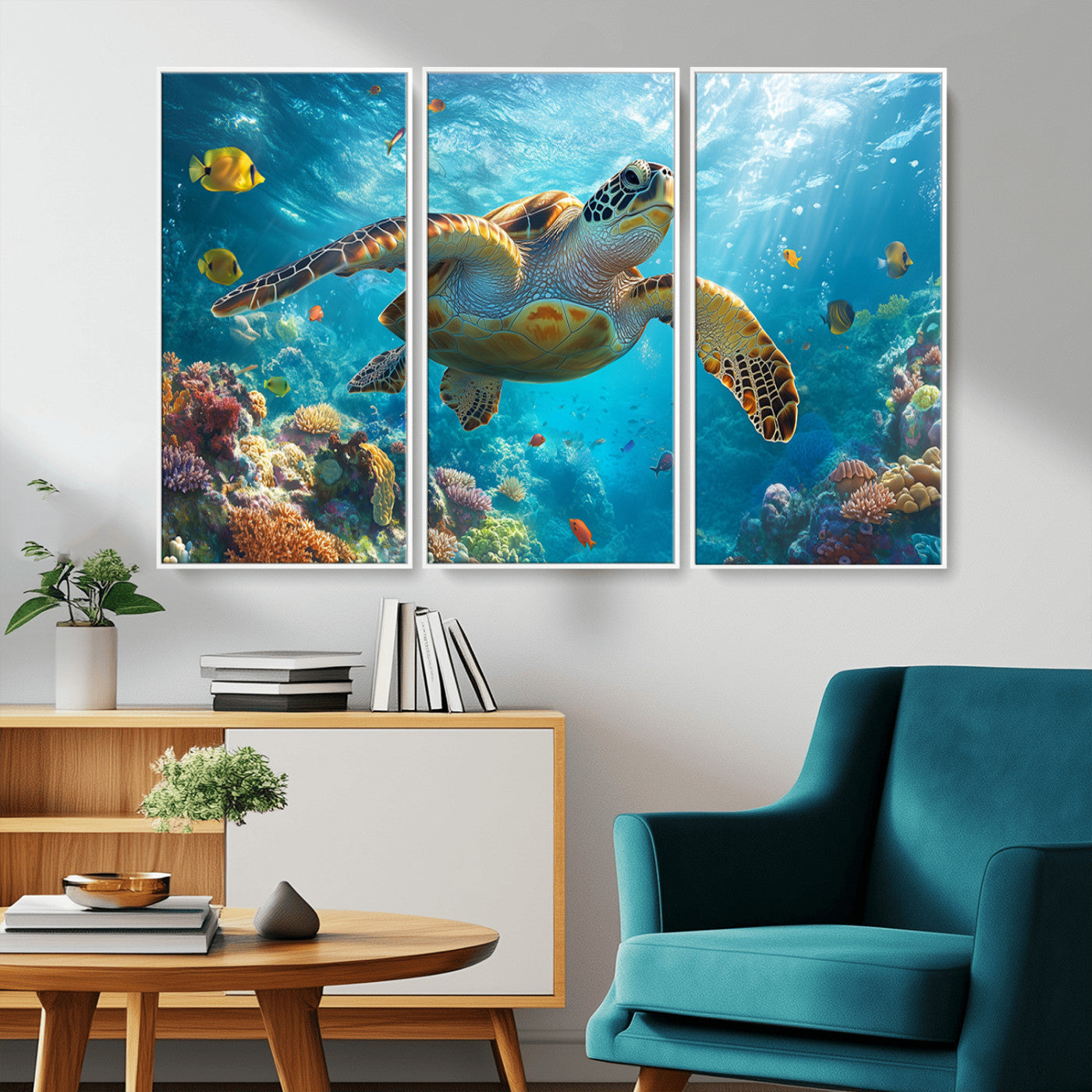 37623-MGV-CV-36X24-Sea Turtle Wall Art – Underwater Ocean Canvas Print with Coral Reef and Tropical Fish, Marine Life Painting Poster for Living