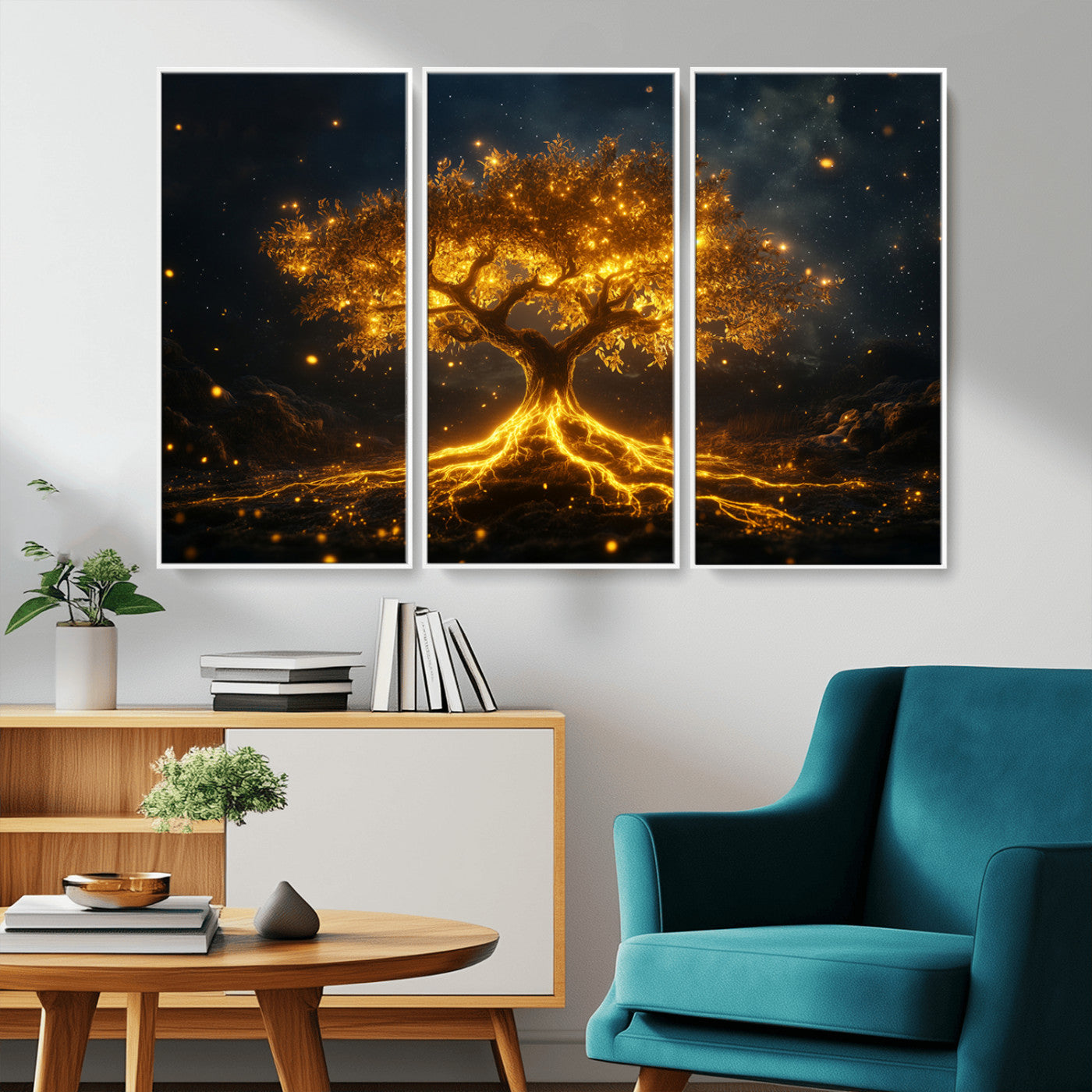60194-MGV-CV-36X24-Glowing Tree Wall Art – Golden Roots Fantasy Canvas Print, Mystical Illuminated Tree Painting Poster for Living Room, Bedroom,