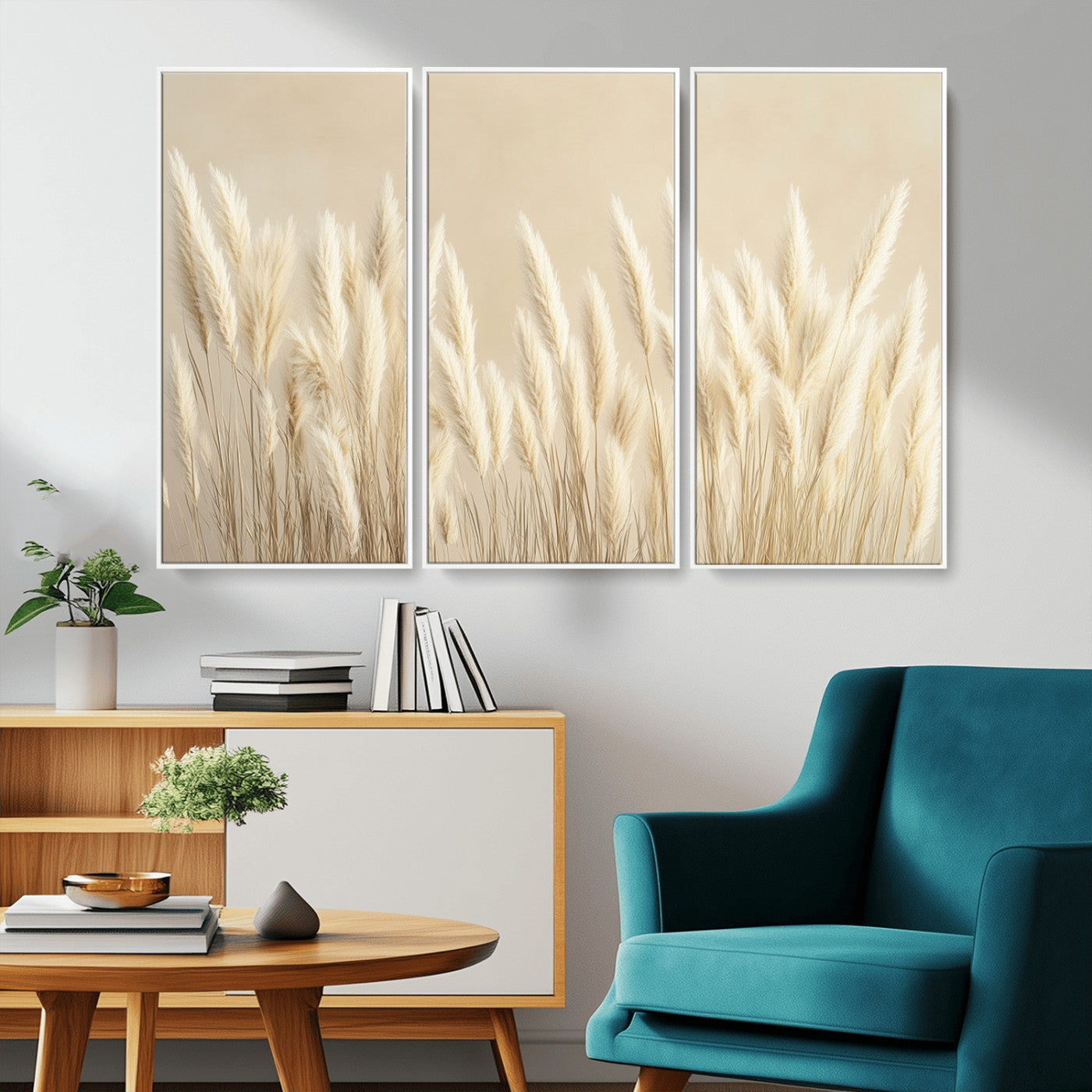 81444-MGV-CV-36X24-Pampas Grass Wall Art Canvas Print, Framed Beige Pampas Grass Art Picture Print, Minimalist Beige Perfect Minimalist Nature Decor