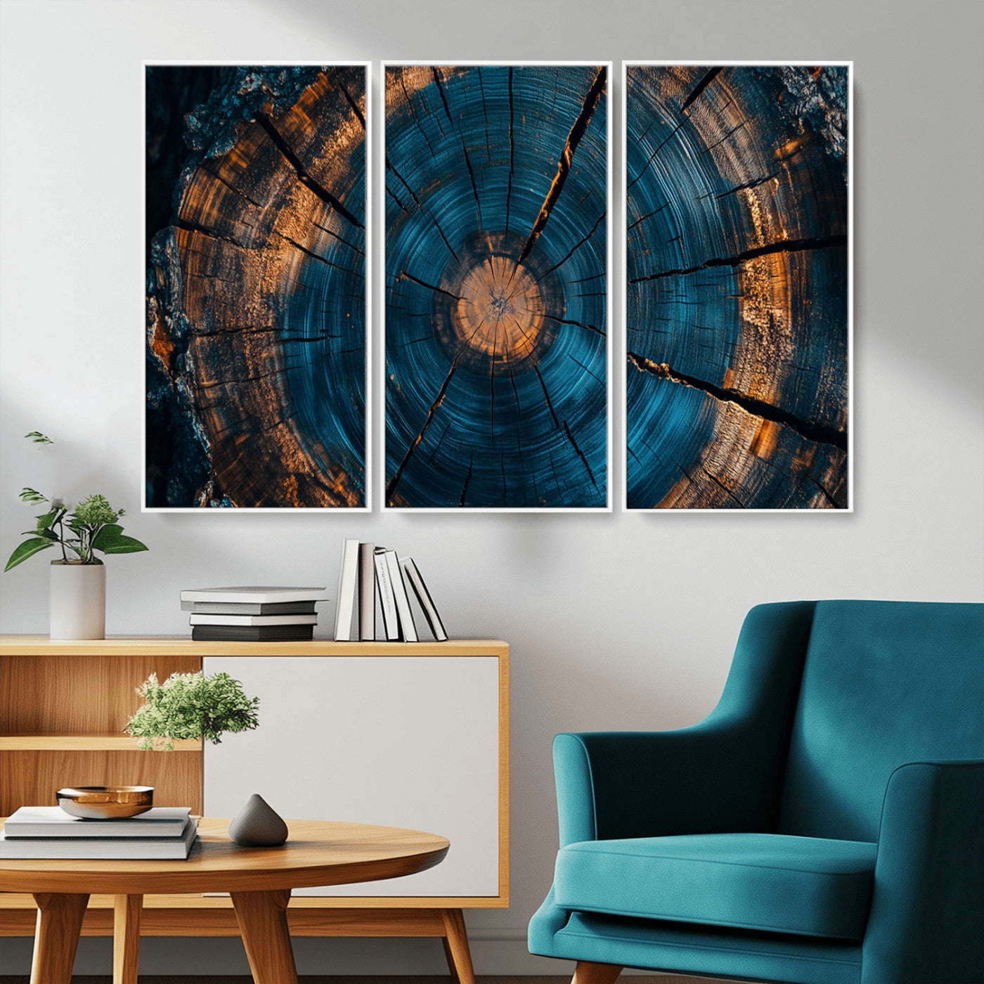 65231-MGV-CV-36X24-Blue and Gold Tree Ring Wall Art – Rustic Abstract Wood Slice Canvas Print, Modern Nature Inspired Artwork for Living Room,