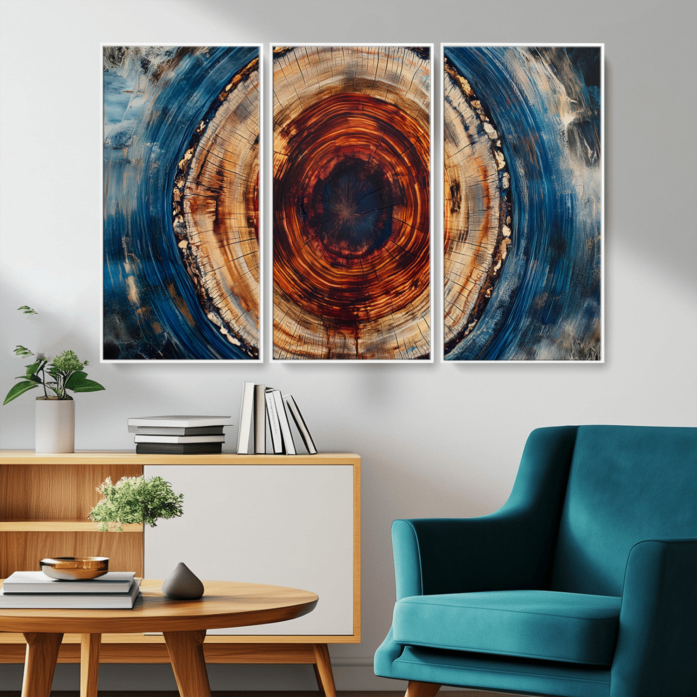 90395-MGV-CV-36X24-Tree Ring Wall Art – Abstract Wood Grain Canvas Print with Fiery Red and Blue Tones, Bold Rustic Nature Inspired Artwork Decor for
