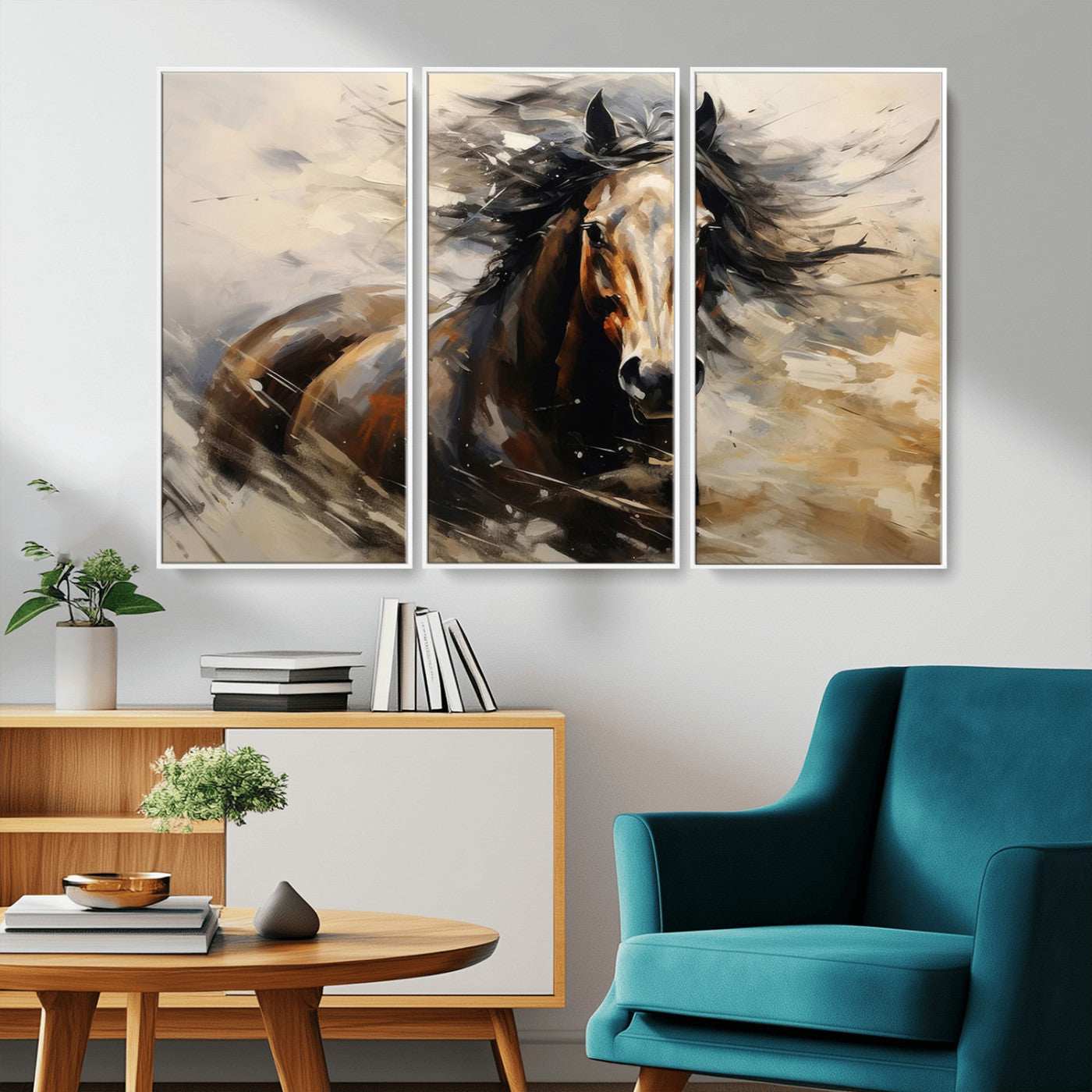 53001-MGV-FC-48X32-3P_White-Wild Horse Wall Art – Majestic Stallion Canvas Print with Flowing Mane, Rustic Western Style Painting for Living Room, Office or
