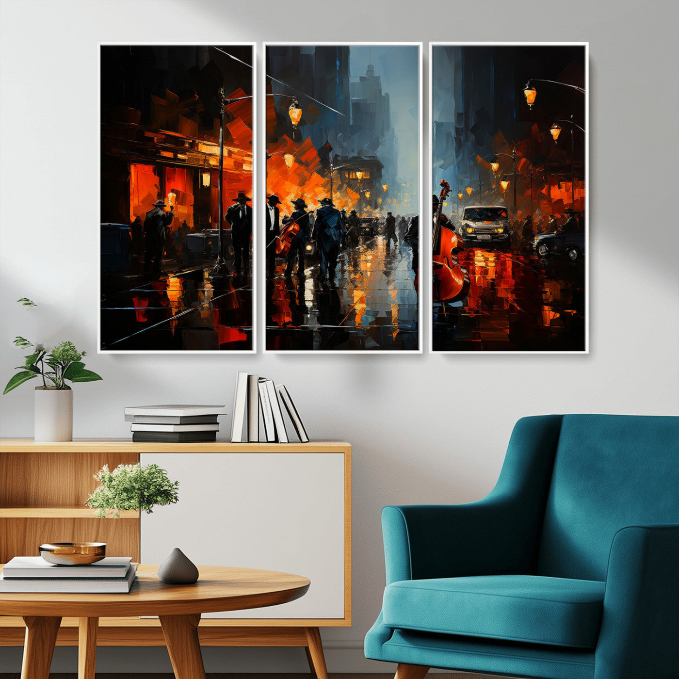 32816-MGV-CV-36X24-City Jazz Night Wall Art – Modern Abstract Urban Street Scene Canvas Print, Moody Music-Themed Decor for Living Room, Office, or