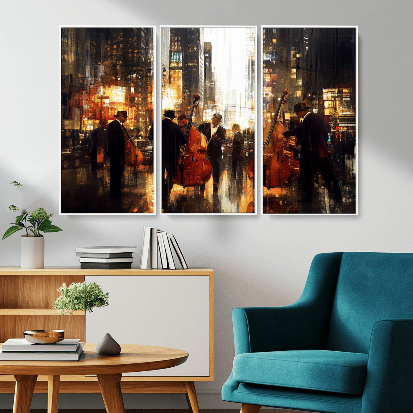 58782-MGV-CV-36X24-Jazz Musicians Cityscape Wall Art – Vibrant Urban Night Canvas Print, Elegant Music Themed Decor for Living Room, Office, or Music