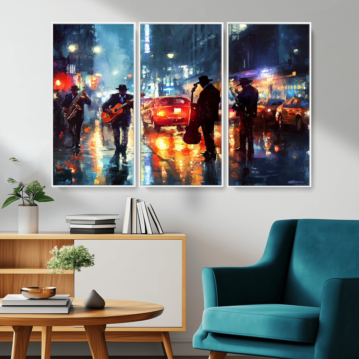 94605-MGV-CV-36X24-City Jazz Night Wall Art – Vibrant Music Canvas Print Featuring Saxophone, Guitar and Bass Players, Urban Street Scene Artwork for