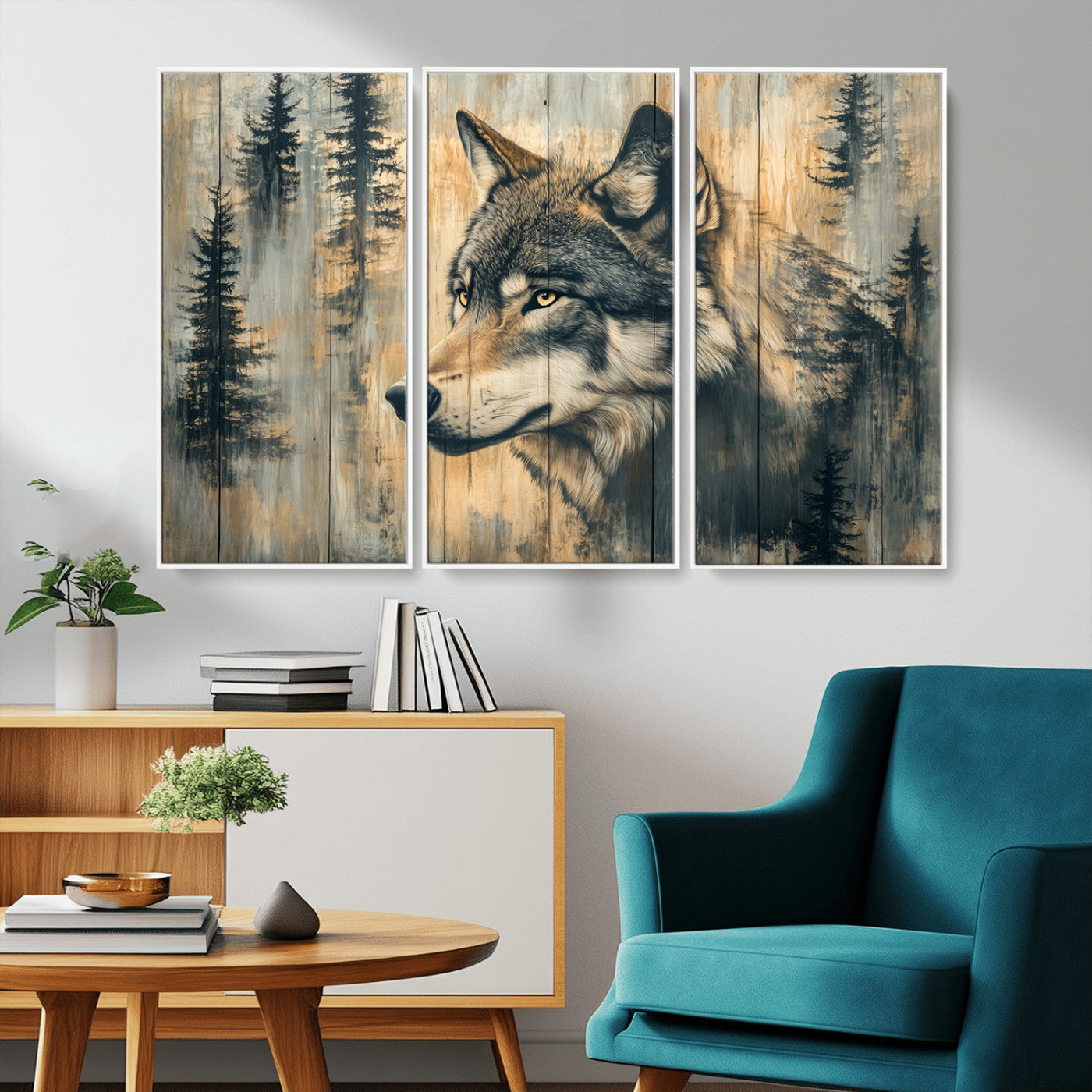 51892-MGV-CV-36X24-Wolf Wall Art – Rustic Canvas Print of Wolf with Forest Trees on Wood Texture, Wildlife Lodge Artwork for Living Room, Bedroom,
