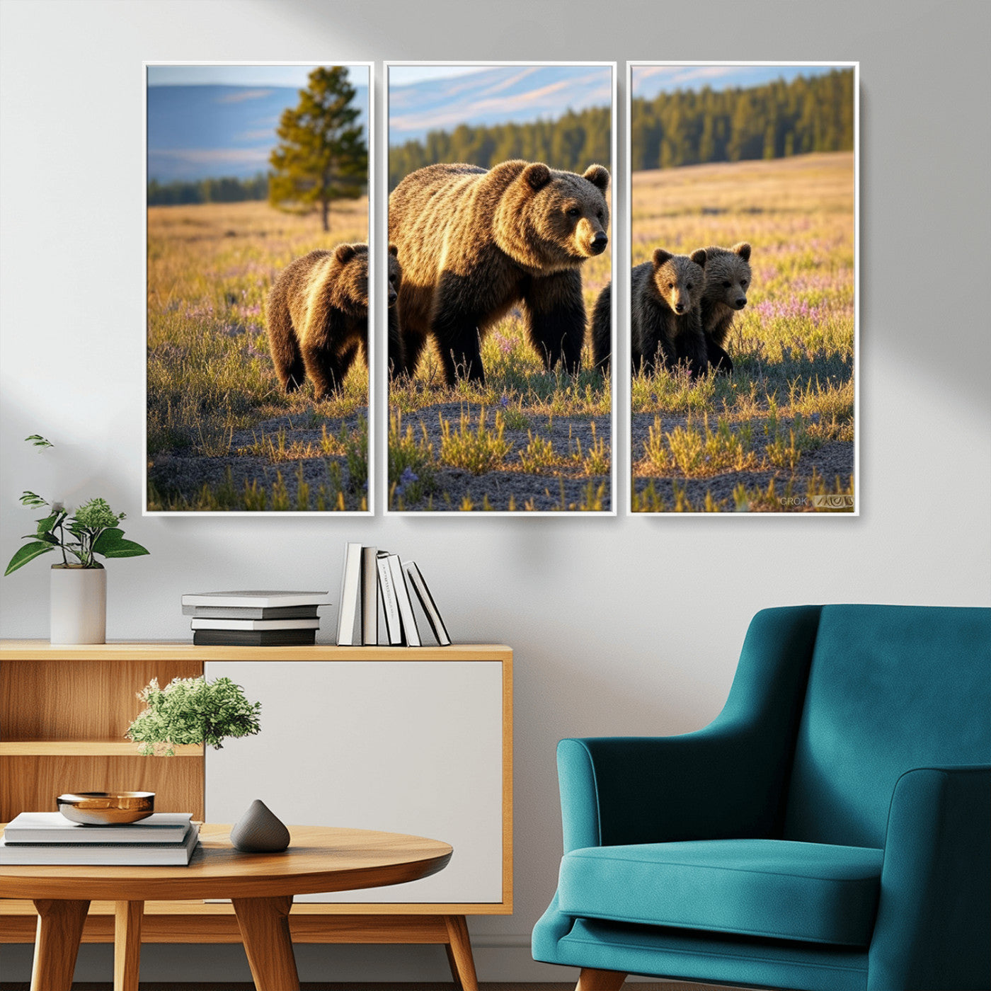 43400-MGV-CV-36X24-Bear Family Wall Art – Wildlife Canvas Print of Mother Bear with Cubs in Sunlit Meadow, Rustic Animal Artwork for Living Room,