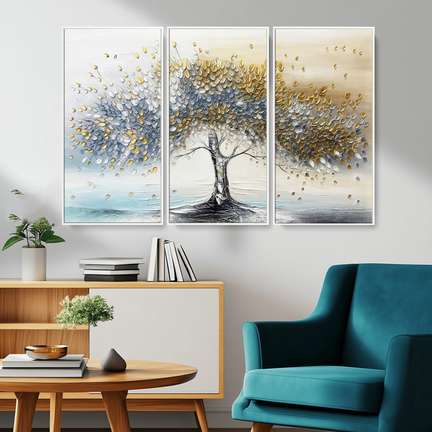 24771-MGV-CV-36X24-Silver Tree Wall Art Canvas Print, Framed Golden Leaves Art Picture Print, Metallic Tree Perfect Minimalist Luxury Decor Artwork