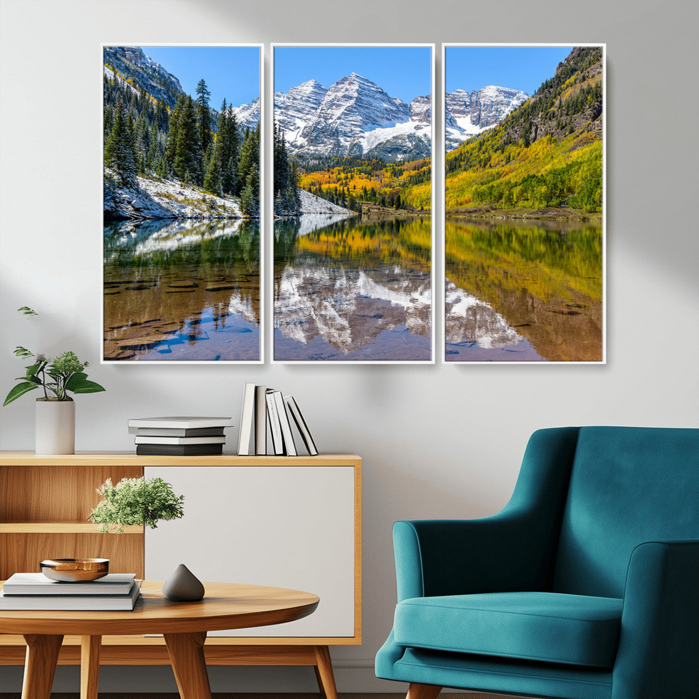 87724099-MGV-CV-36X24-Maroon Bells Wall Art Canvas Print, Framed Snowy Mountains Art Picture Print, Pine Forest Perfect Vibrant Alpine Decor Artwork