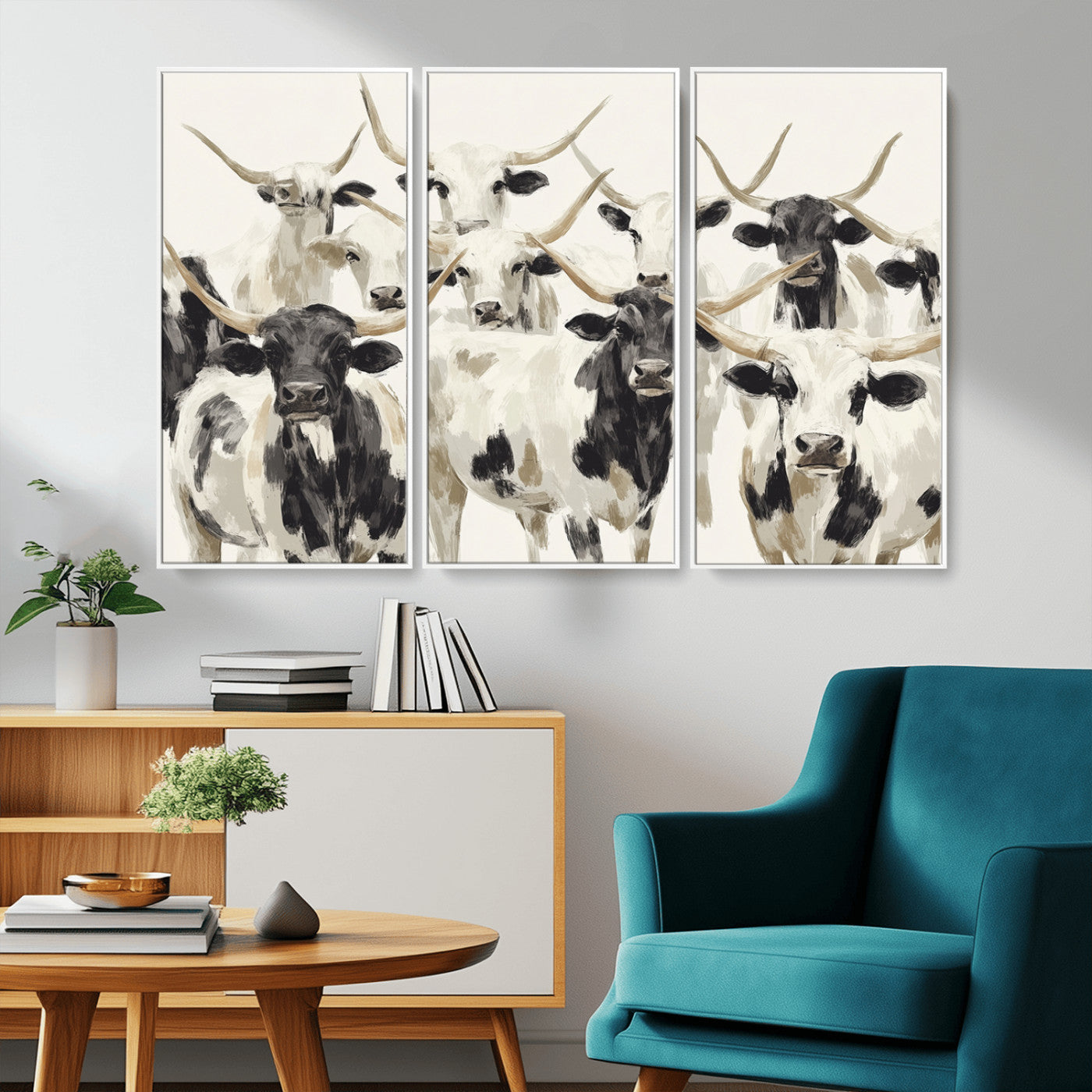 52947970-MGV-CV-36X24-Texas Longhorn Wall Art Canvas Print, Framed Cattle Herd Art Picture Print, Herd Portrait Perfect Modern Farmhouse Decor Artwork