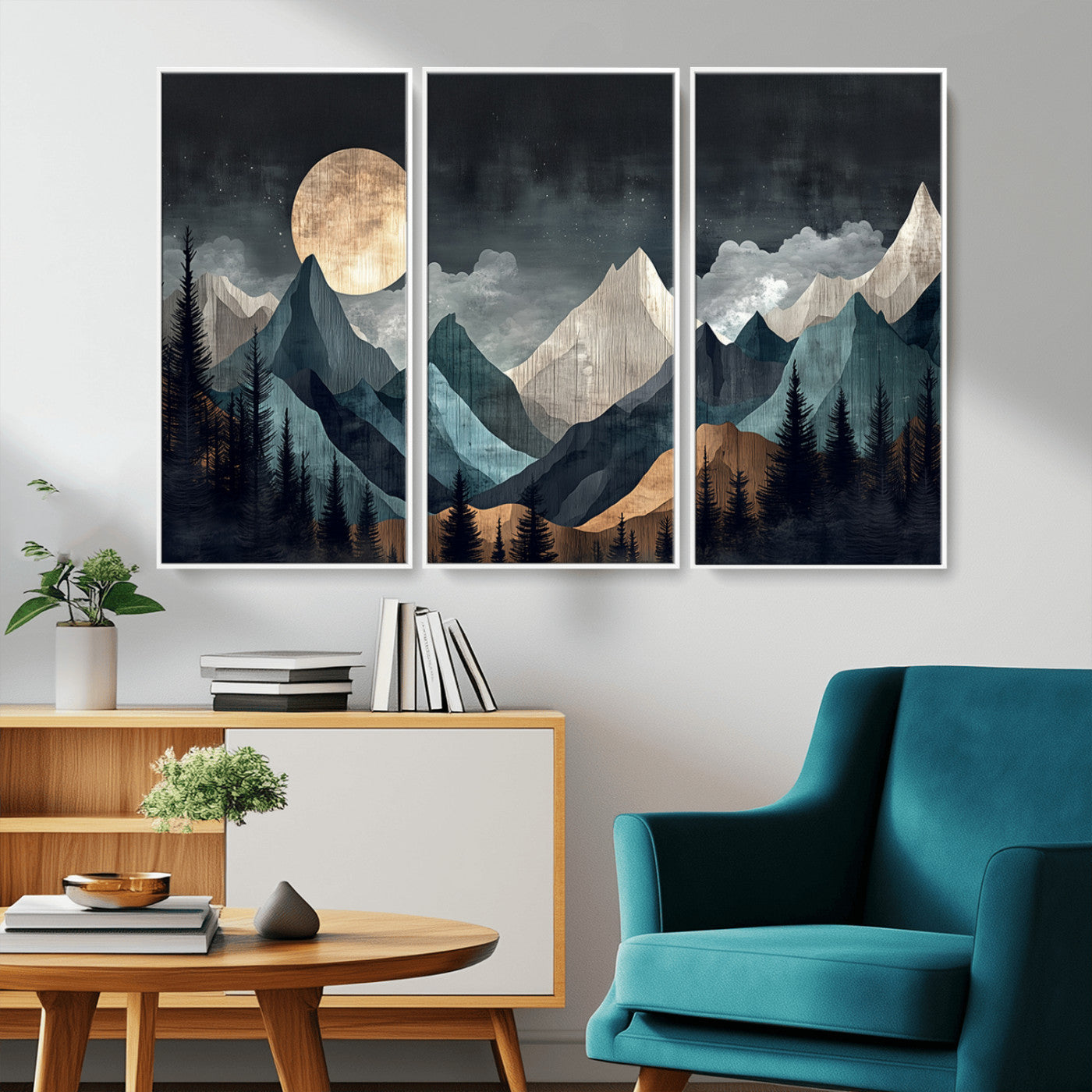 11060882-MGV-CV-36X24-Moonlit Mountains Wall Art Canvas Print, Framed Forest Silhouette Art Picture Print, Night Landscape Perfect Modern Forest Decor