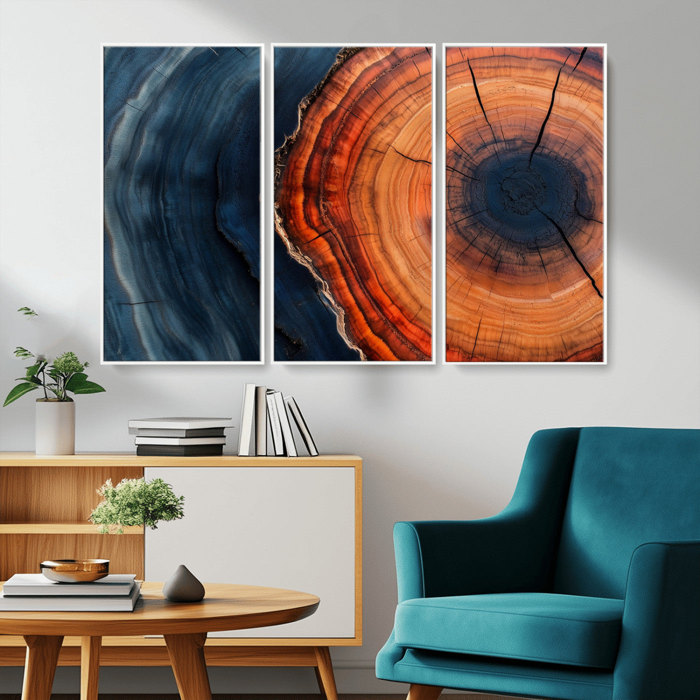 57732250-MGV-FC-48X32-3P_White-Tree Ring Abstract Wall Art – Blue Orange Wood Grain Canvas Print, Modern Rustic Nature Artwork for Living Room, Office,