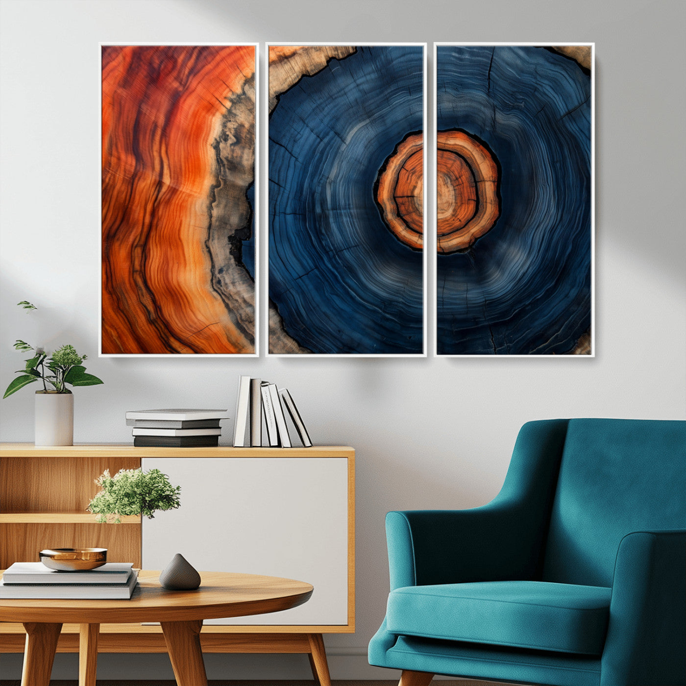 72209152-MGV-CV-36X24-Abstract Tree Ring Wall Art – Vibrant Blue Orange Wood Grain Canvas Print, Rustic Modern Nature Artwork for Living Room, Office,