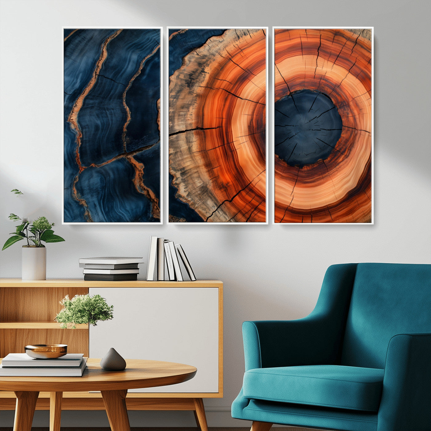 41123192-MGV-CV-36X24-Tree Ring Canvas Wall Art – Abstract Blue Orange Wood Grain Print, Rustic Modern Nature Artwork for Living Room, Bedroom, Office
