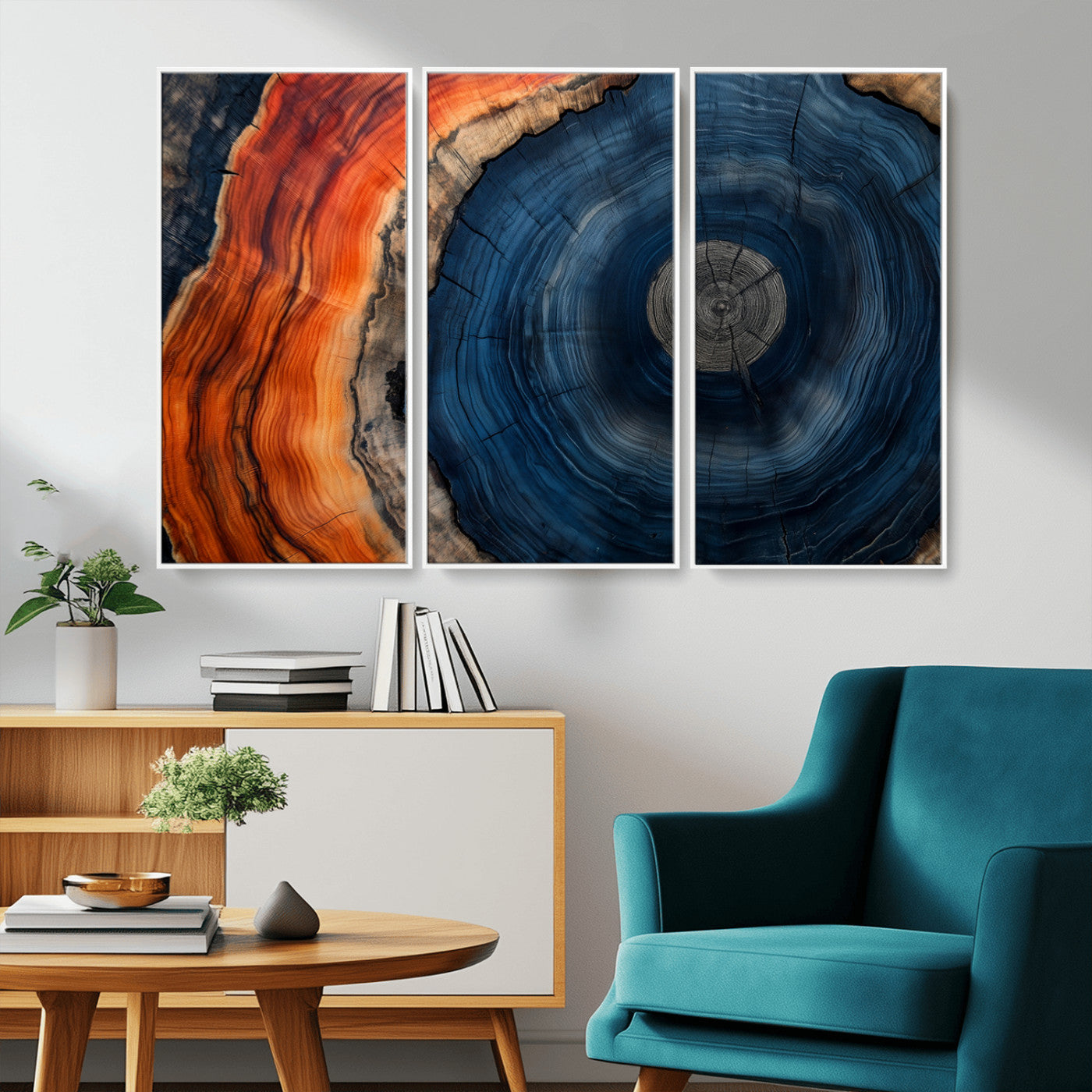 99491700-MGV-CV-36X24-Tree Ring Canvas Wall Art – Blue Orange Abstract Wood Grain Print, Rustic Modern Nature Artwork for Living Room, Office, Bedroom