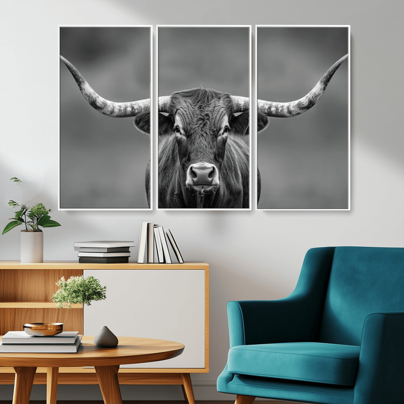81228550-MGV-CV-36X24-Framed Texas Longhorn Bull Art Canvas Print, Western Bull Wall Art Print, Long Horn Bull Photo Print for Log Cabin, Large Bull