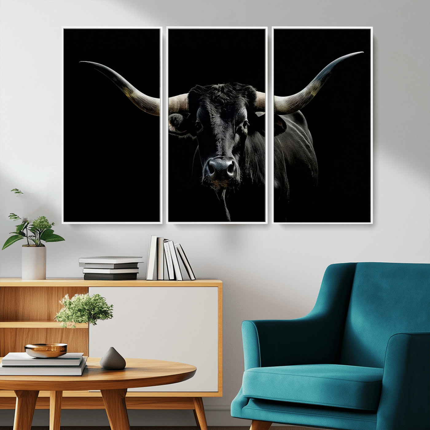 37531960-MGV-CV-36X24-Black Longhorn Bull Wall Art – Dramatic Western Cattle Canvas Print, Rustic Farmhouse Animal Artwork for Living Room, Bedroom,