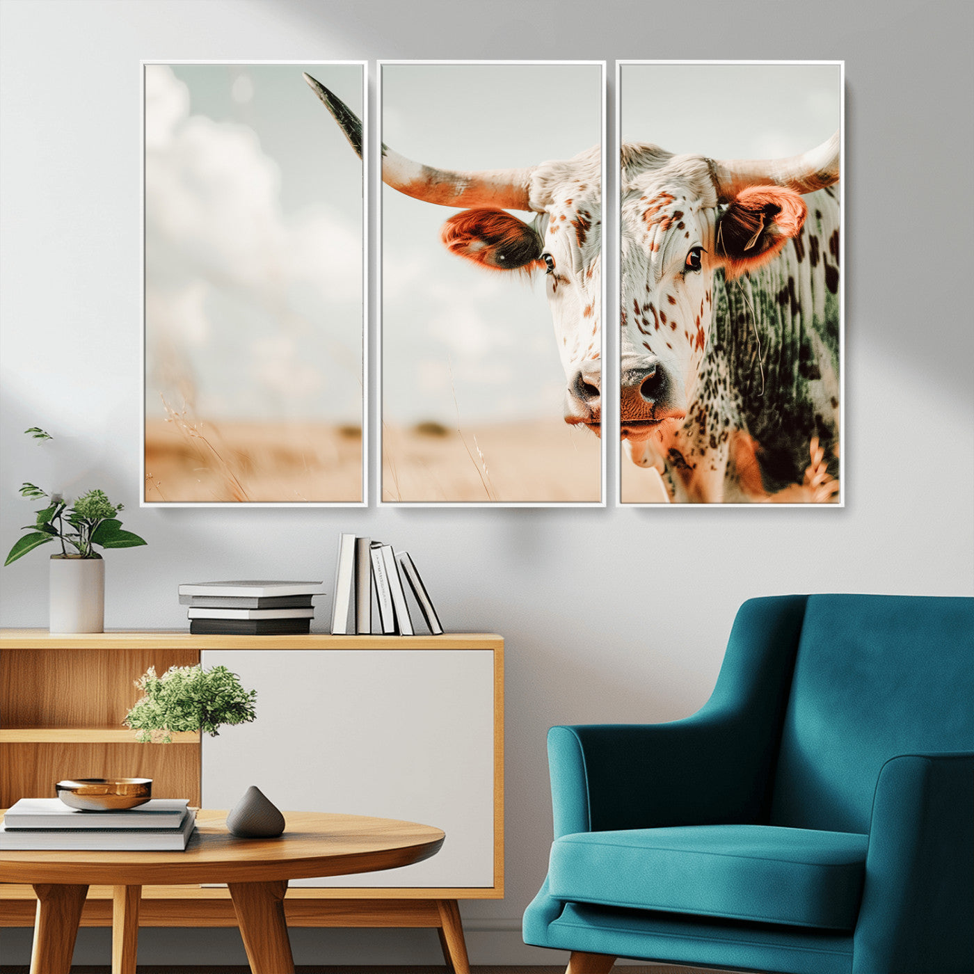 72766375-MGV-CV-36X24-Texas Longhorn Wall Art Canvas Print, Framed Spotted Cow Art Picture Print, Horned Cattle Perfect Rustic Western Decor Artwork