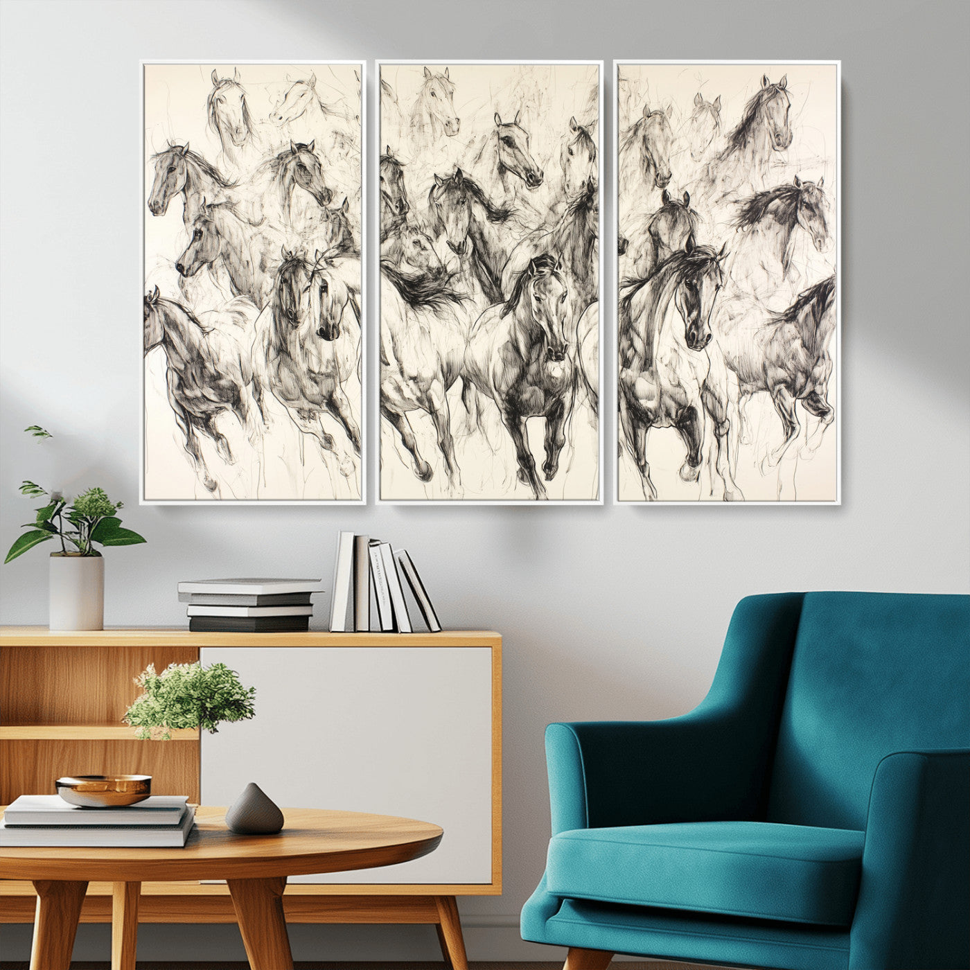 19433417-MGV-CV-36X24-Running Horses Wall Art Canvas Print, Framed Horse Sketch Art Picture Print, Galloping Herd Perfect Monochrome Western Decor