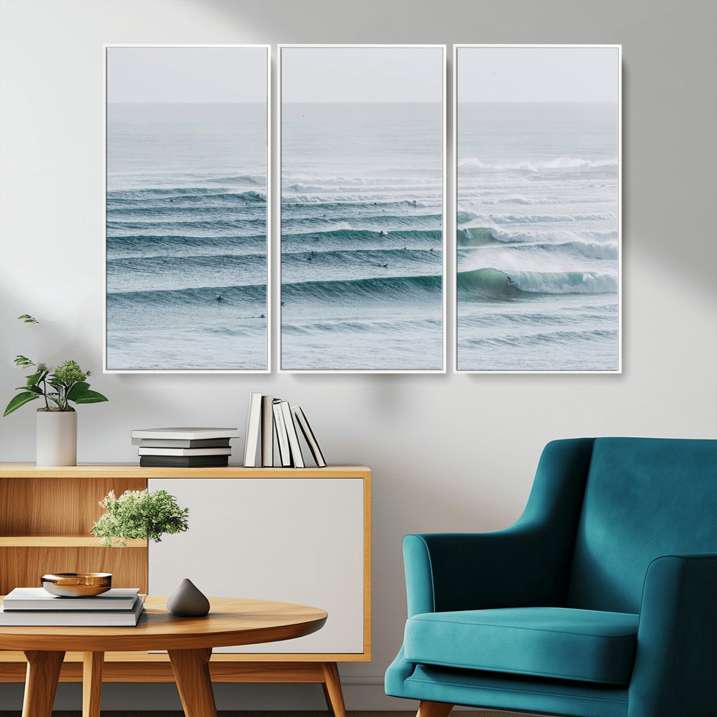 73969318-MGV-CV-36X24-Ocean Waves Wall Art Canvas Print, Framed Surfer Lineup Art Picture Print, Crowded Ocean Perfect Minimal Coastal Decor Artwork