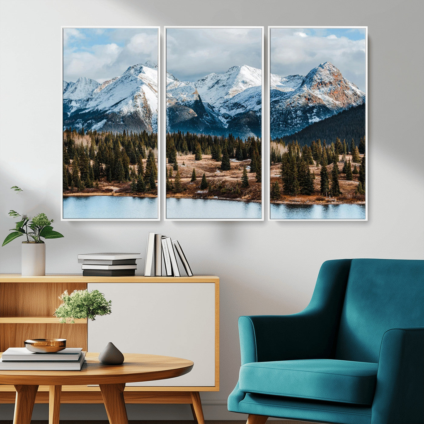 36247746-MGV-CV-36X24-Snowy Peaks Wall Art Canvas Print, Framed Alpine Lake Art Picture Print, Pine Forest Perfect Alpine Wilderness Decor Artwork