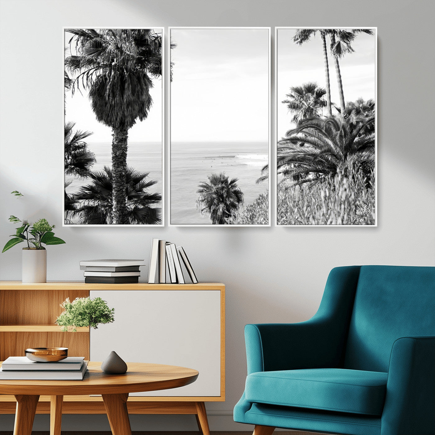89458520-MGV-FC-48X32-3P_White-Palm Trees Wall Art Canvas Print, Framed Coastal View Art Picture Print, Ocean Horizon Perfect Monochrome Coast Decor Artwork