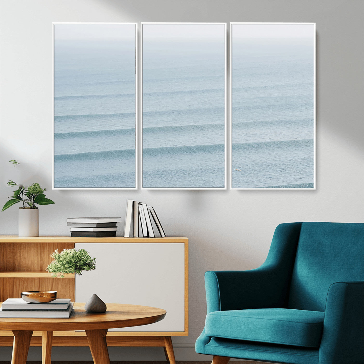 47814787-MGV-CV-36X24-Ocean Waves Wall Art Canvas Print, Framed Solo Surfer Art Picture Print, Wave Lines Perfect Minimalist Ocean Decor Artwork