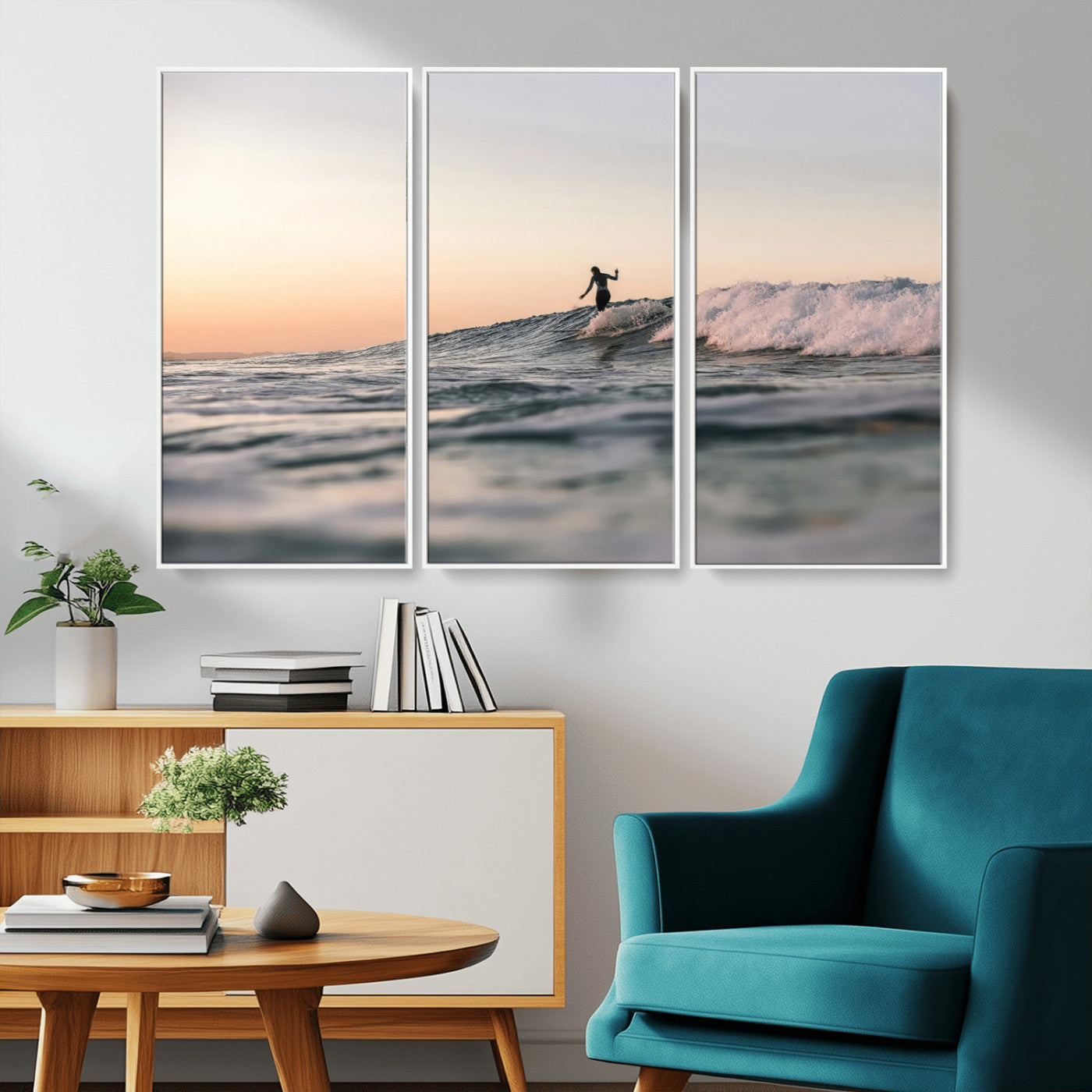 58502923-MGV-FC-48X32-3P_White-Wave Rider Wall Art Canvas Print, Framed Ocean Wave Art Picture Print, Riding Surf Perfect Sunset Surf Decor Artwork