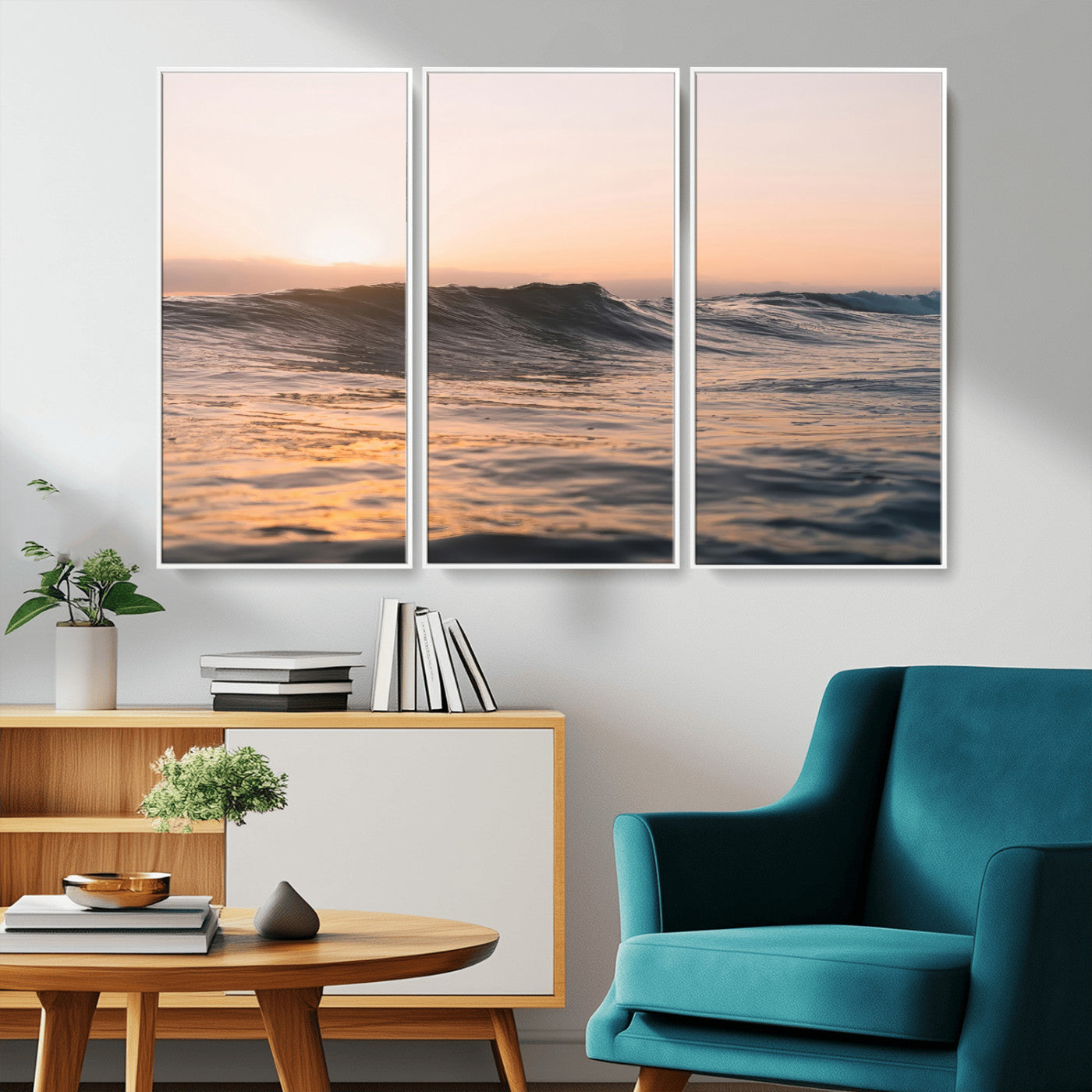 46299358-MGV-CV-36X24-Sunset Waves Wall Art Canvas Print, Framed Ocean Horizon Art Picture Print, Golden Water Perfect Golden Hour Coastal Decor Artwork