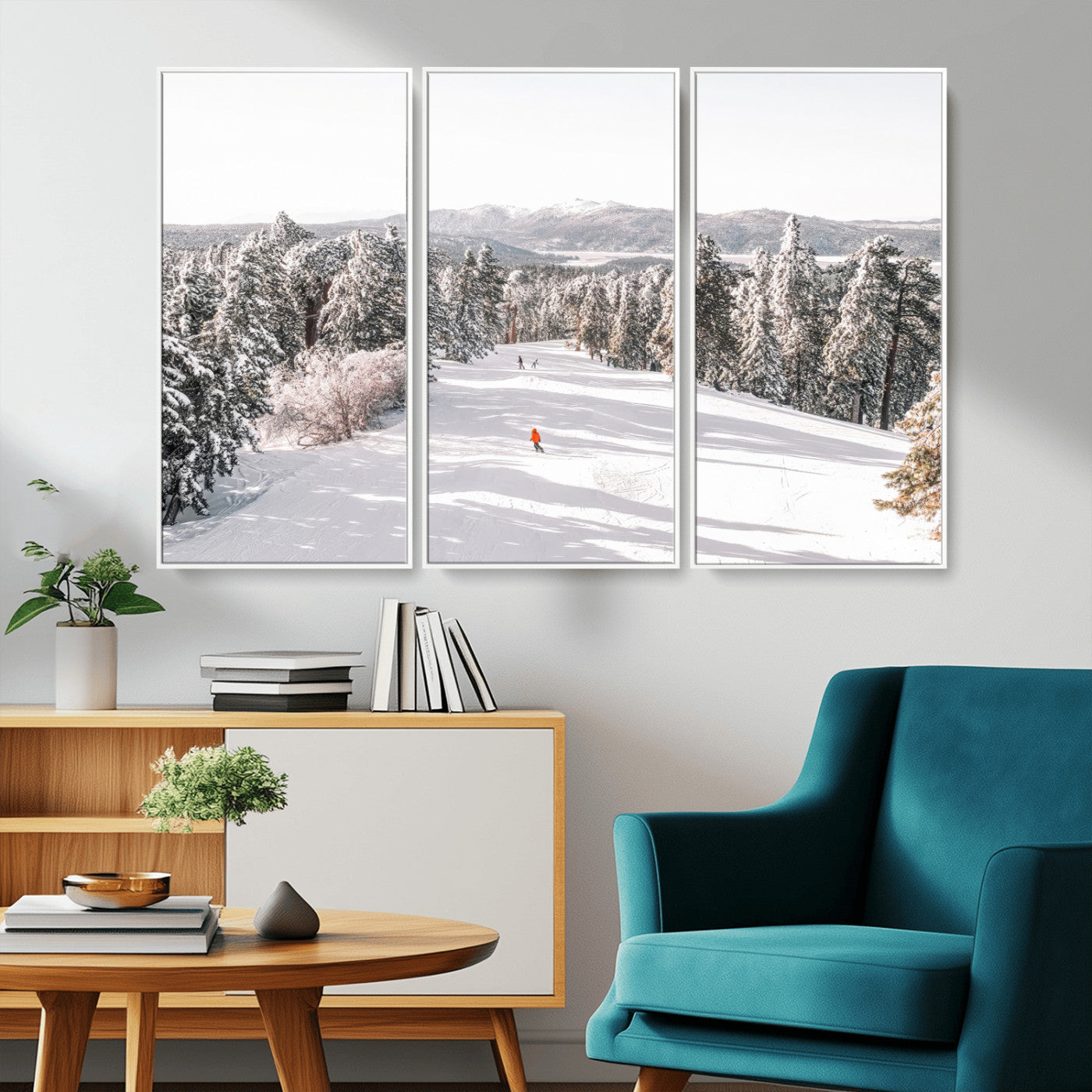 62119206-MGV-CV-36X24-Snowy Trail Wall Art Canvas Print, Framed Ski Slope Art Picture Print, Winter Pines Perfect Alpine Adventure Decor Artwork