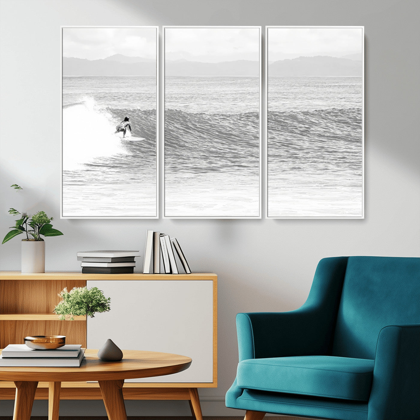 81535128-MGV-CV-36X24-Surfer Woman Wall Art Canvas Print, Framed Black Ocean Art Picture Print, Ocean Surfing Perfect Monochrome Coastal Decor Artwork