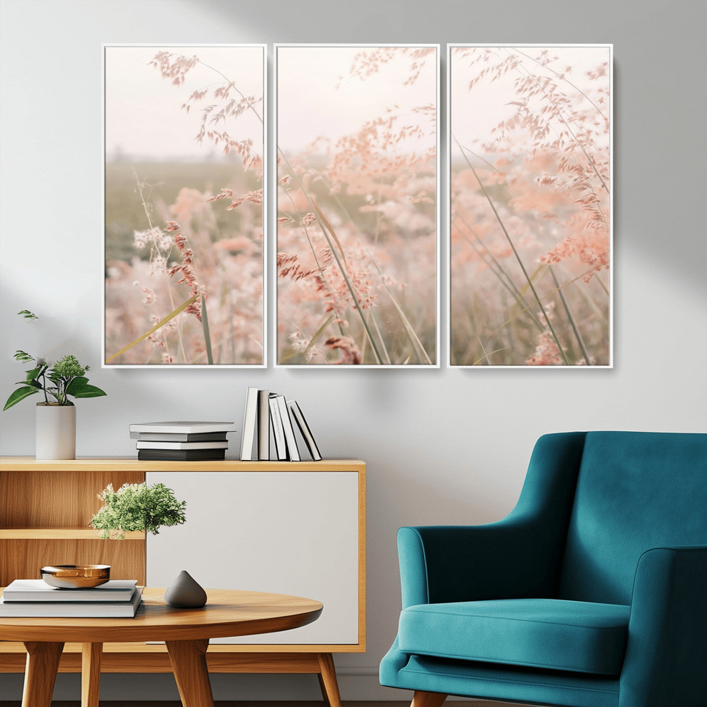 79164340-MGV-FC-48X32-3P_White-Pastel Grasses Wall Art Canvas Print, Framed Soft Meadow Art Picture Print, Field in Breeze Perfect Pastel Minimal Decor Artwork