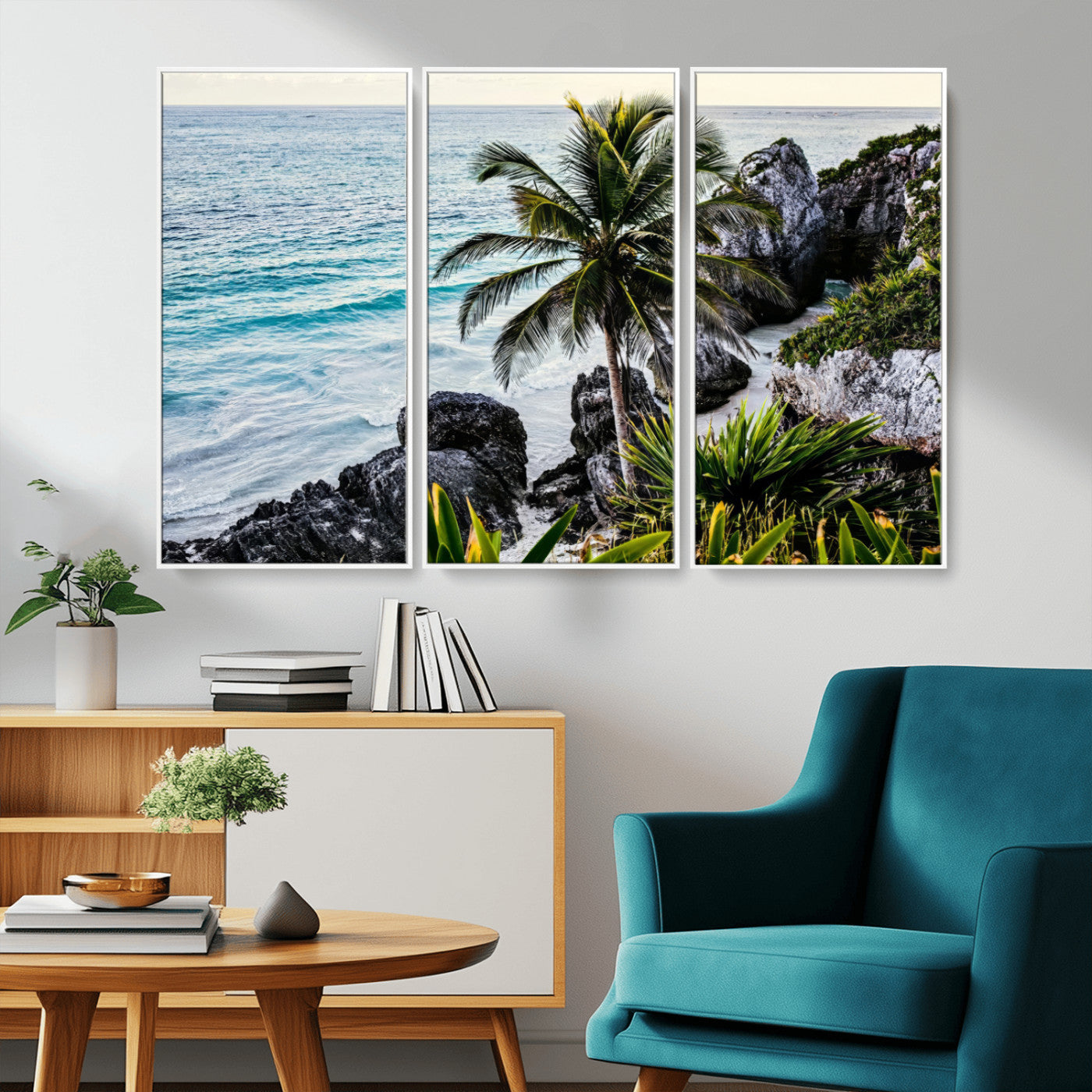 94669907-MGV-CV-36X24-Tropical Coastline Wall Art Canvas Print, Framed Palm Tree Art Picture Print, Rocky Beach Perfect Tropical Coastal Decor Artwork