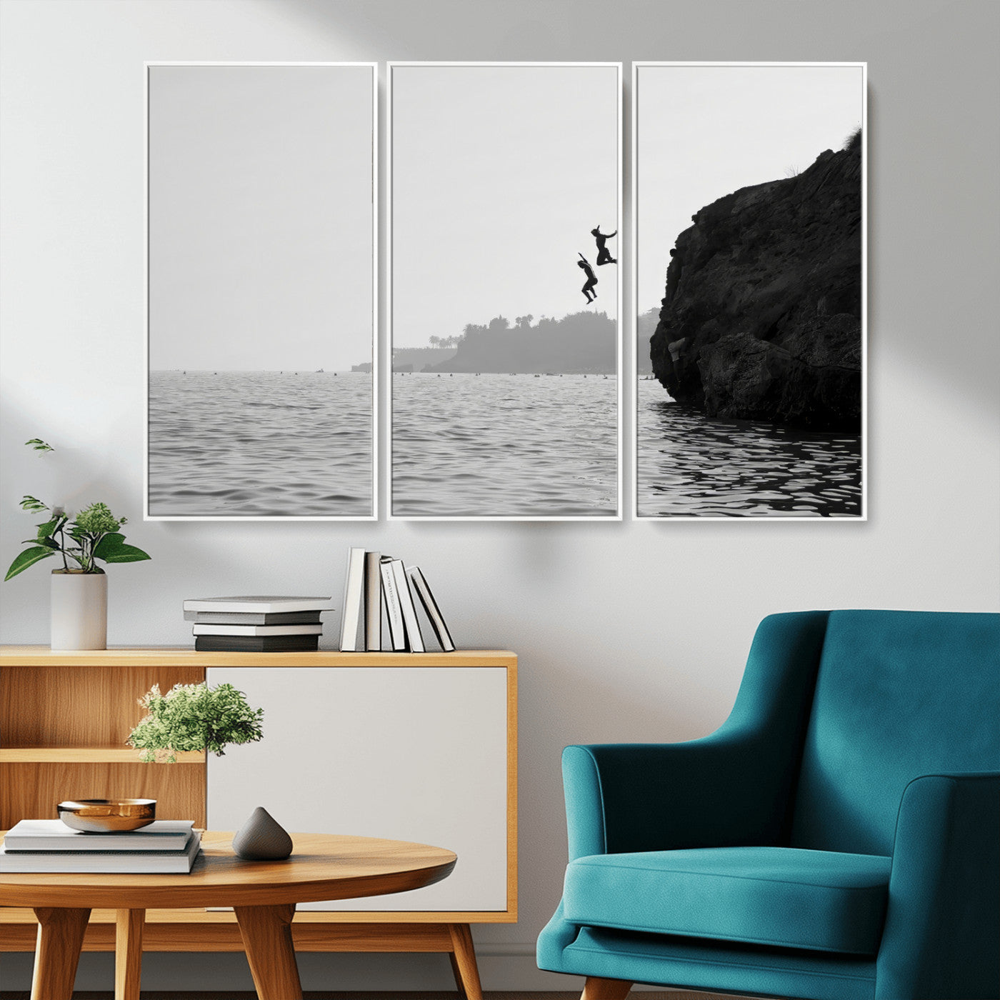 52284302-MGV-FC-48X32-3P_White-Cliff Jumping Wall Art Canvas Print, Framed Ocean Adventure Art Picture Print, Black White Coast Perfect Modern Coastal Decor