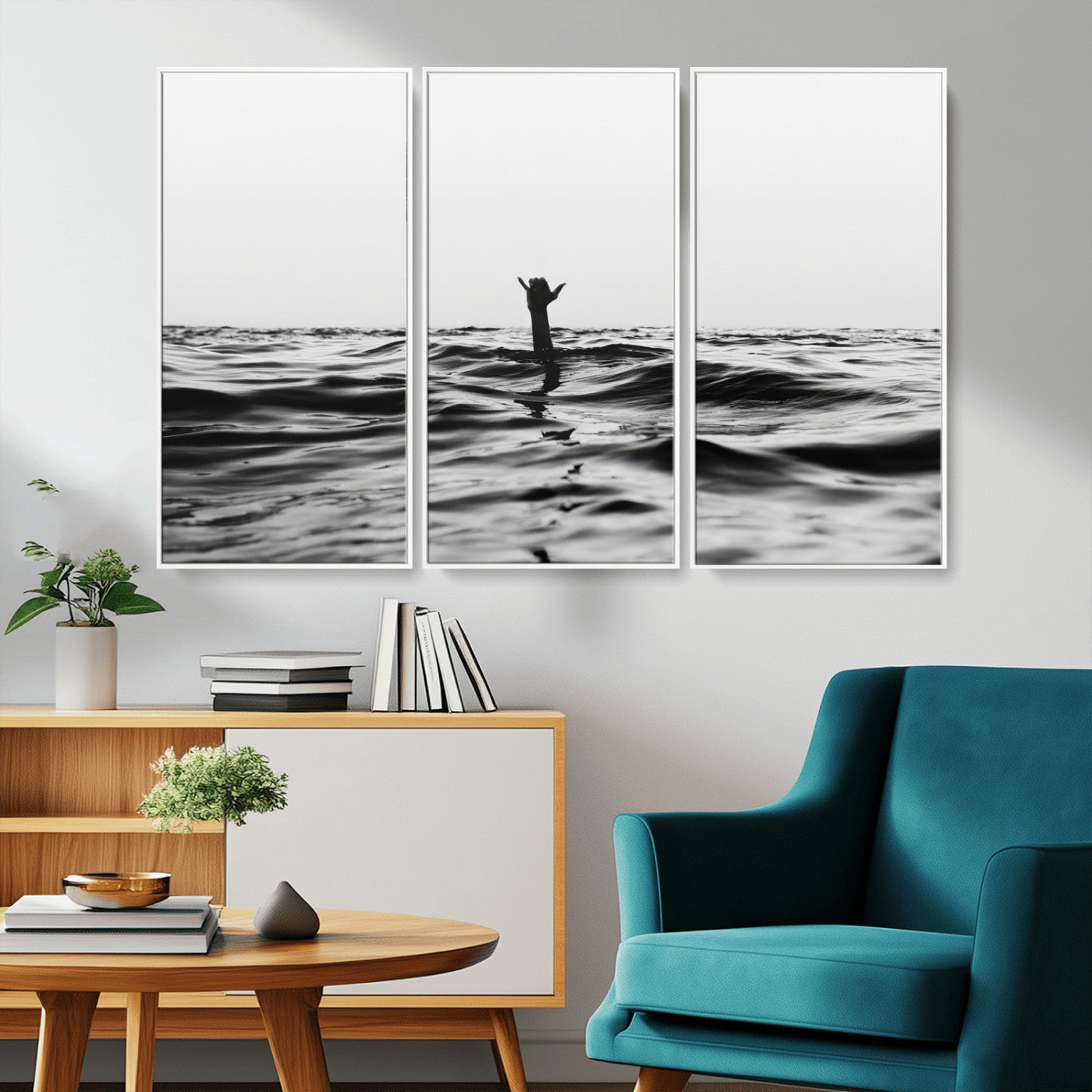 69541918-MGV-CV-36X24-Black White Ocean Wall Art Canvas Print, Framed Moody Seascape Art Picture Print, Surfer Sign Perfect Moody Minimalist Decor