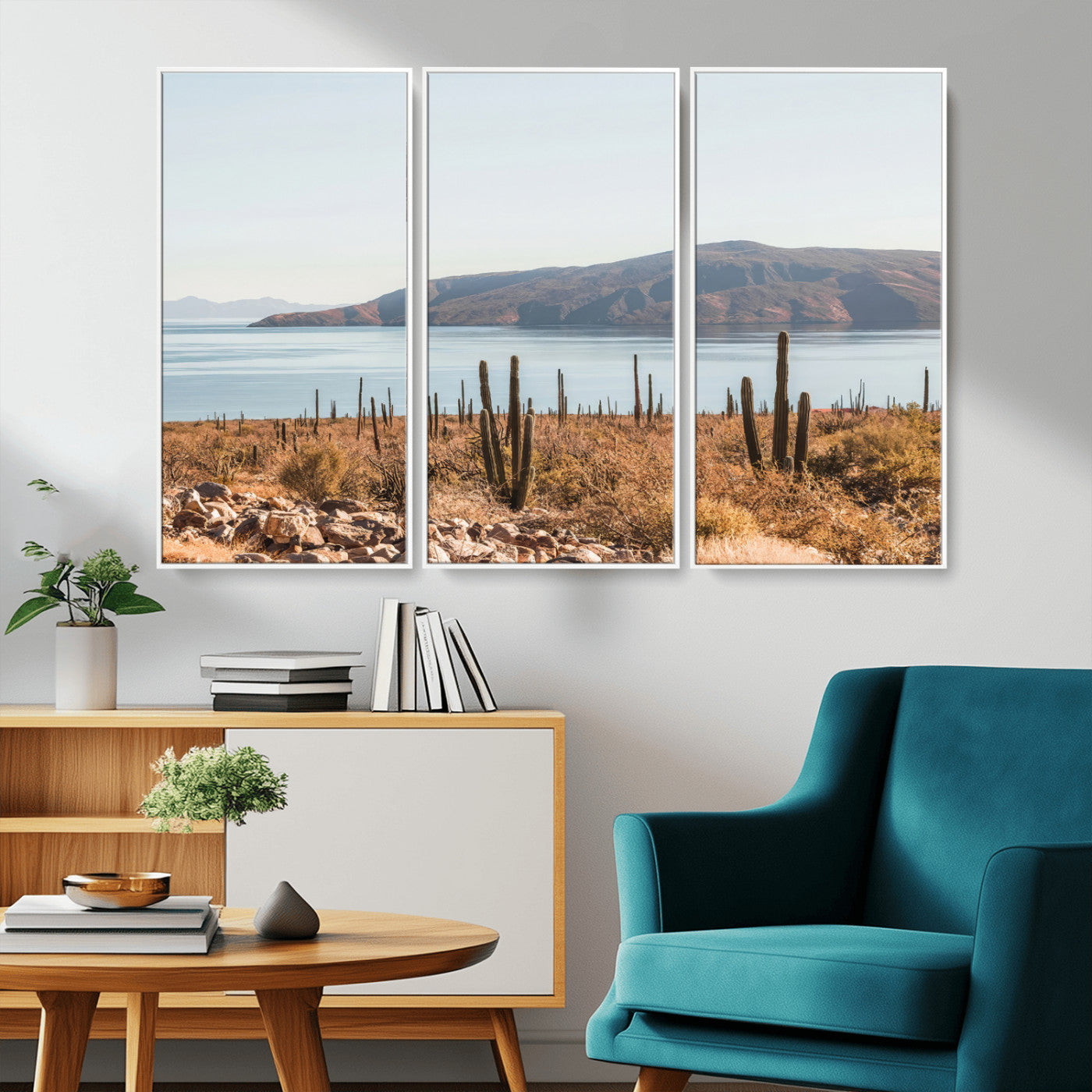 45193515-MGV-FC-48X32-3P_White-Desert Cactus Wall Art Canvas Print, Framed Baja Coastline Art Picture Print, Coastal Desert Perfect Southwestern Minimalist Decor