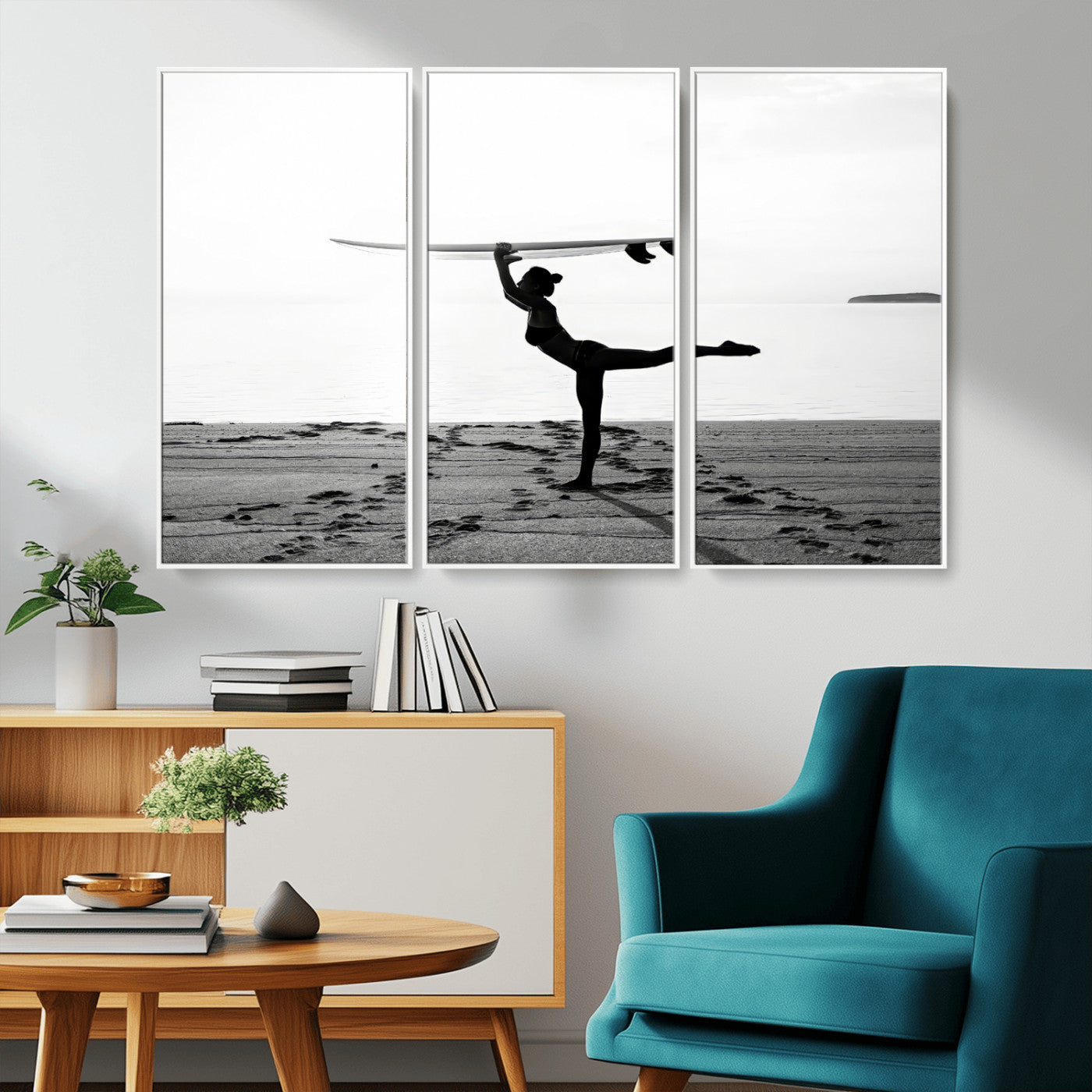 28441356-MGV-CV-36X24-Yoga Surf Wall Art Canvas Print, Framed Black White Shore Art Picture Print, Peaceful Ocean Perfect Minimalist Coastal Decor