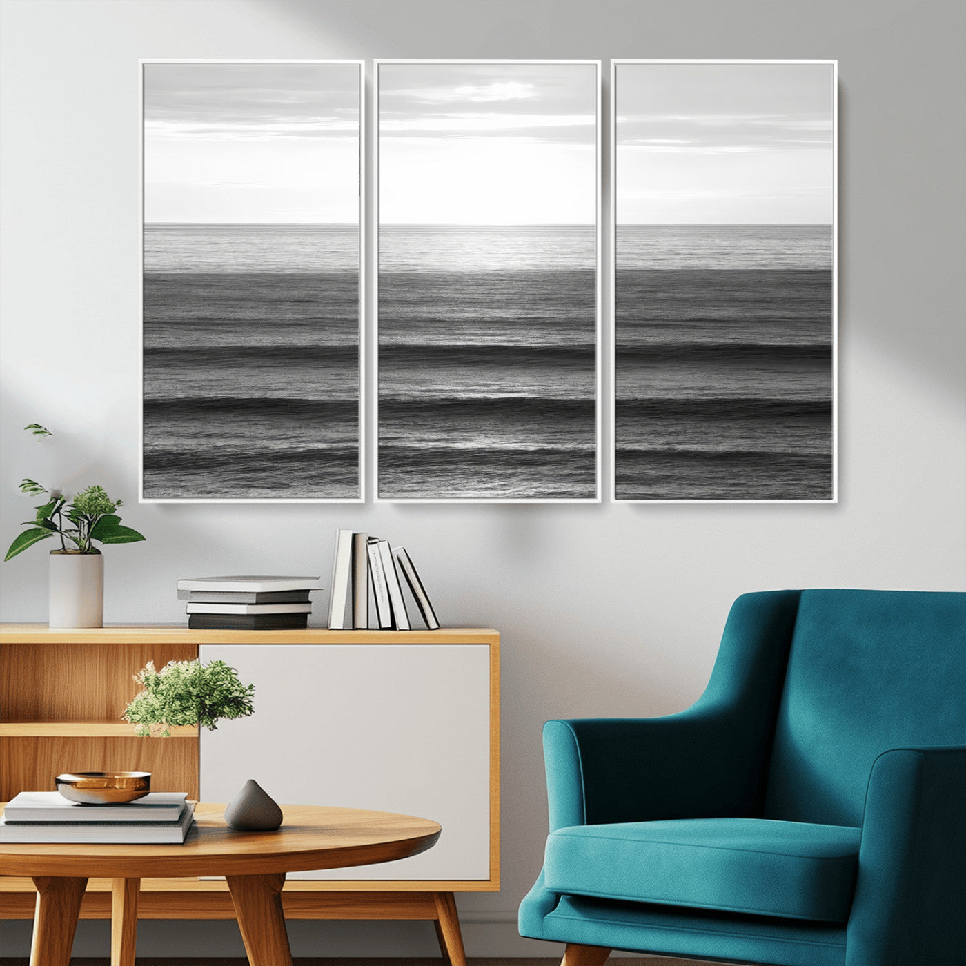 47305203-MGV-CV-36X24-Monochrome Ocean Wall Art Canvas Print, Framed Moody Ocean Art Picture Print, Calm Ocean Perfect Minimalist Coastal Decor Artwork