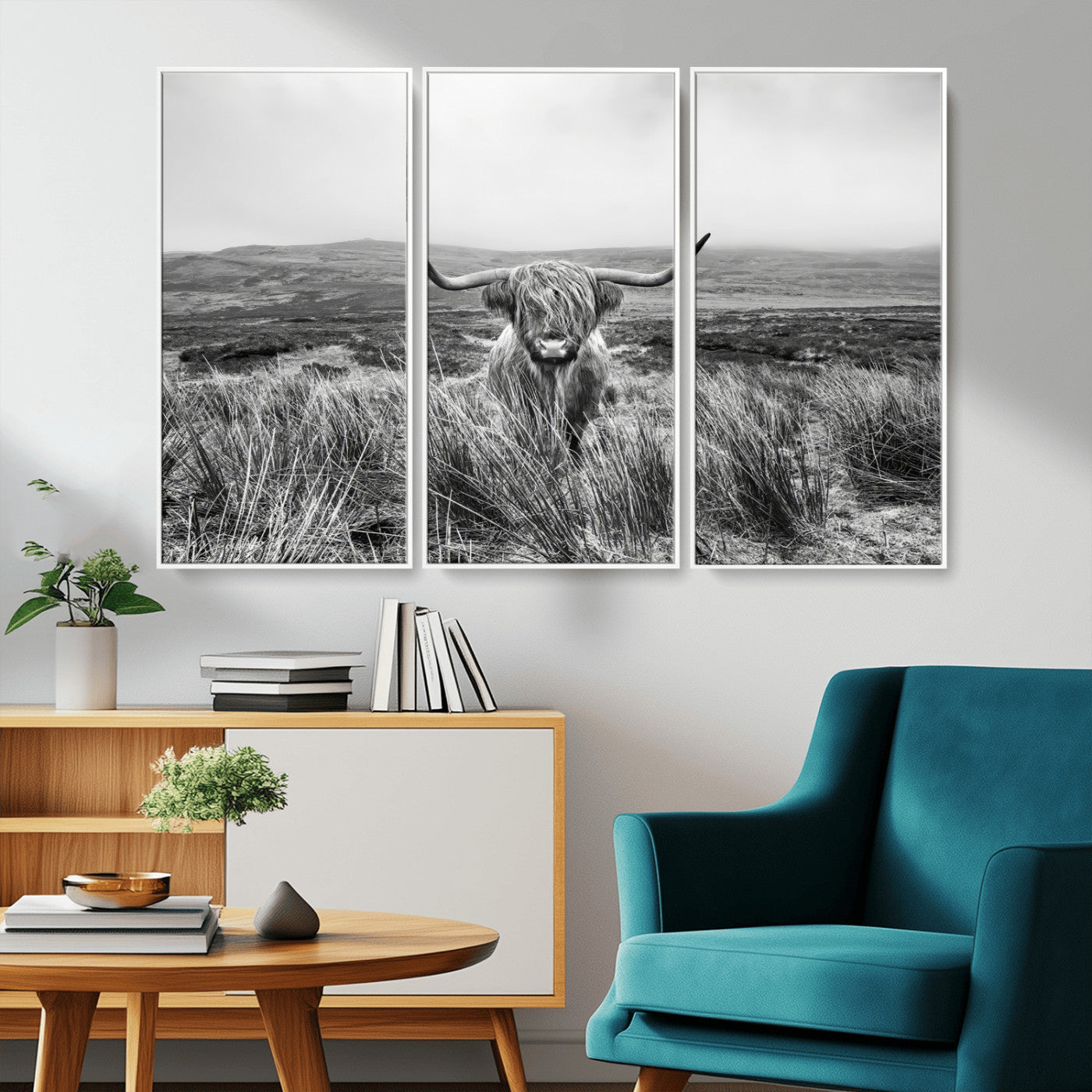 24051061-MGV-CV-36X24-Monochrome Highland Cow Wall Art Canvas Print, Framed Scottish Bull Art Picture Print, Lone Cattle Perfect Rustic Farmhouse Decor