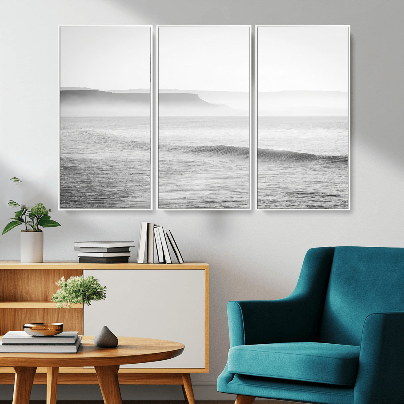 60635783-MGV-CV-36X24-Black White Seascape Wall Art Canvas Print, Framed Ocean Waves Art Picture Print, Misty Coastal Perfect Minimalist Coastal Decor