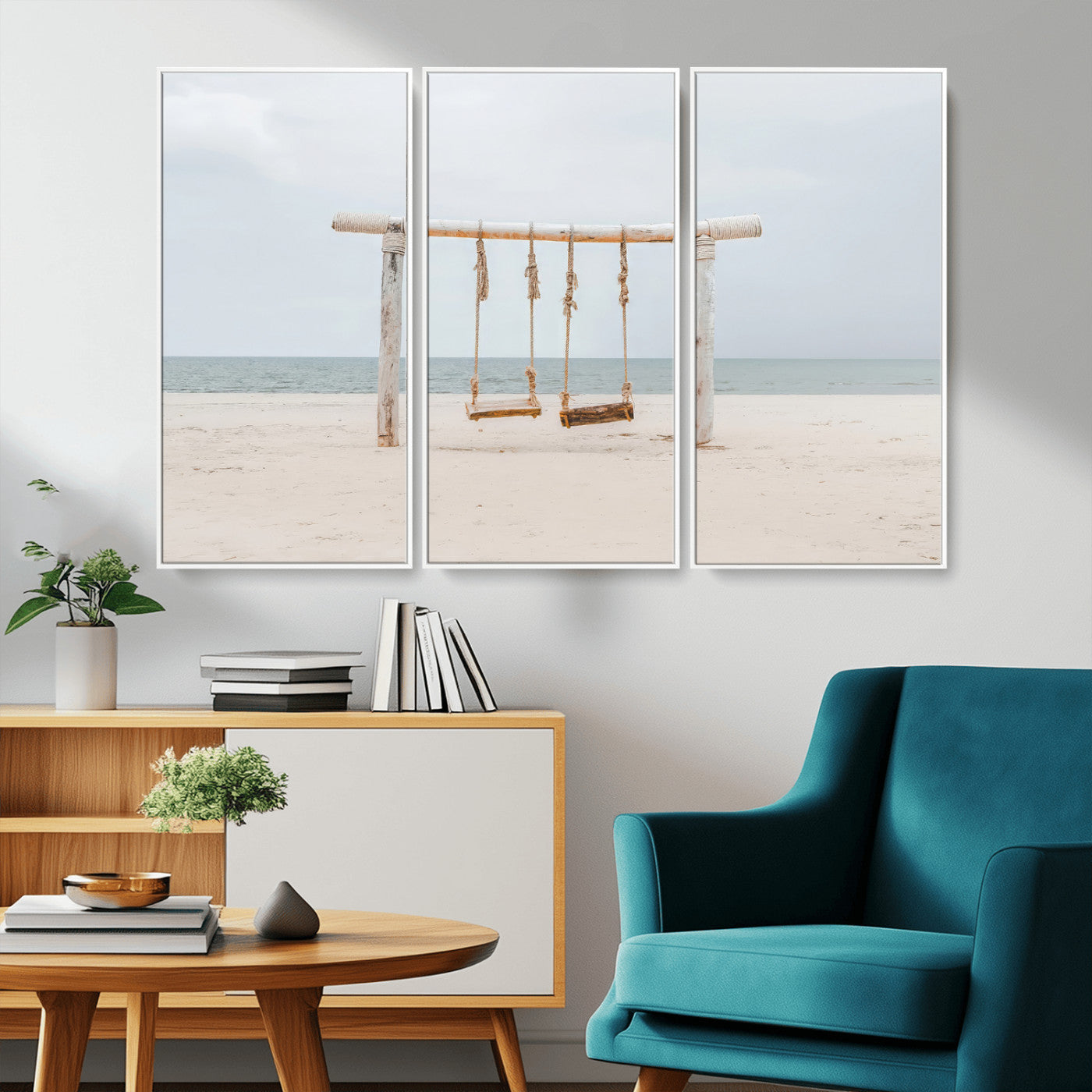 68327283-MGV-CV-36X24-Beach Swing Wall Art Canvas Print, Framed Quiet Beach Art Picture Print, Calm Shoreline Perfect Bohemian Coastal Decor Artwork