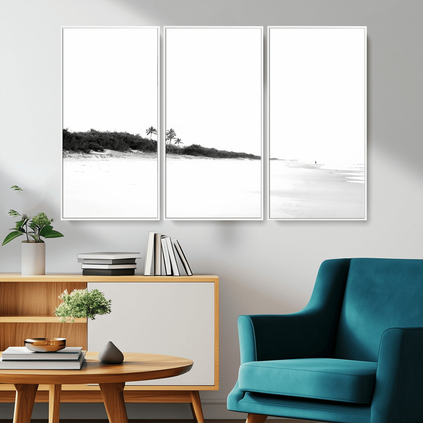 29611516-MGV-CV-36X24-Black White Beach Wall Art Canvas Print, Framed Palm Trees Art Picture Print, Monochrome Tropical Perfect Minimalist Coastal Decor