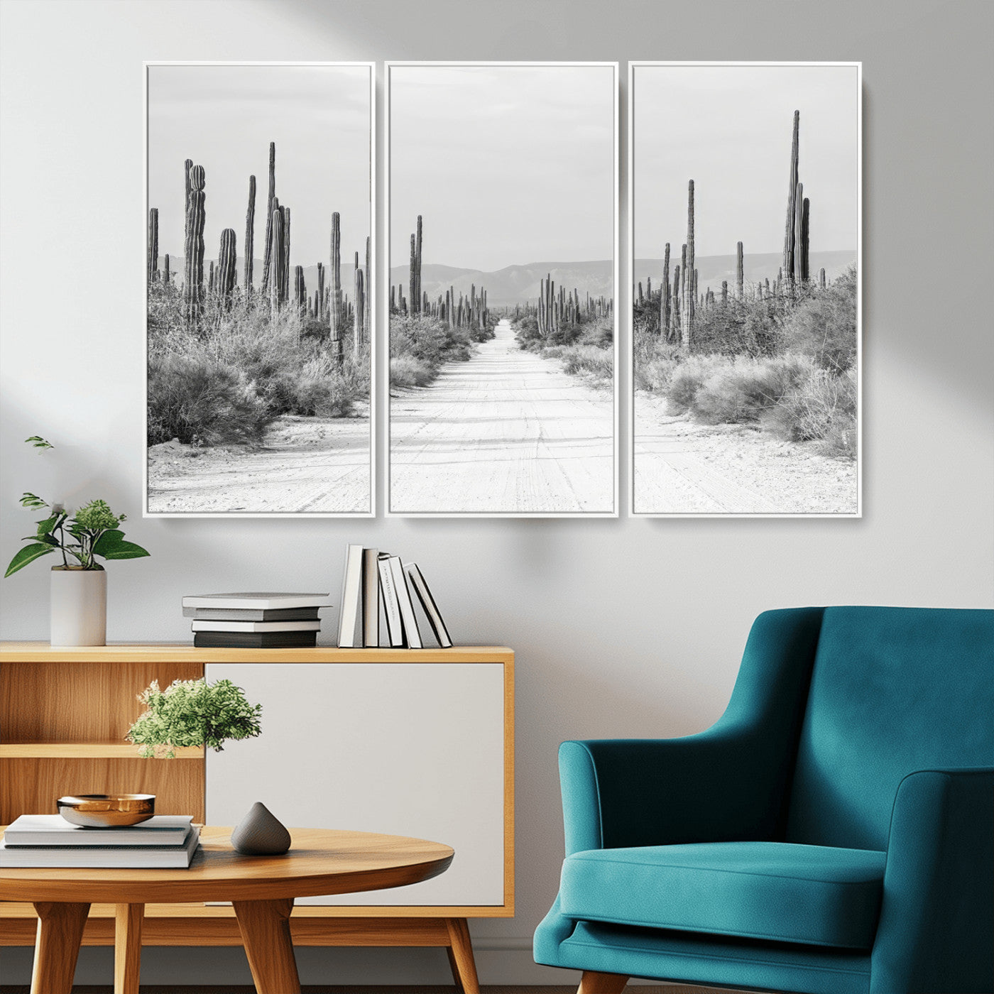 35537313-MGV-CV-36X24-Monochrome Desert Wall Art Canvas Print, Framed Cactus Path Art Picture Print, Southwestern Landscape Perfect Southwestern