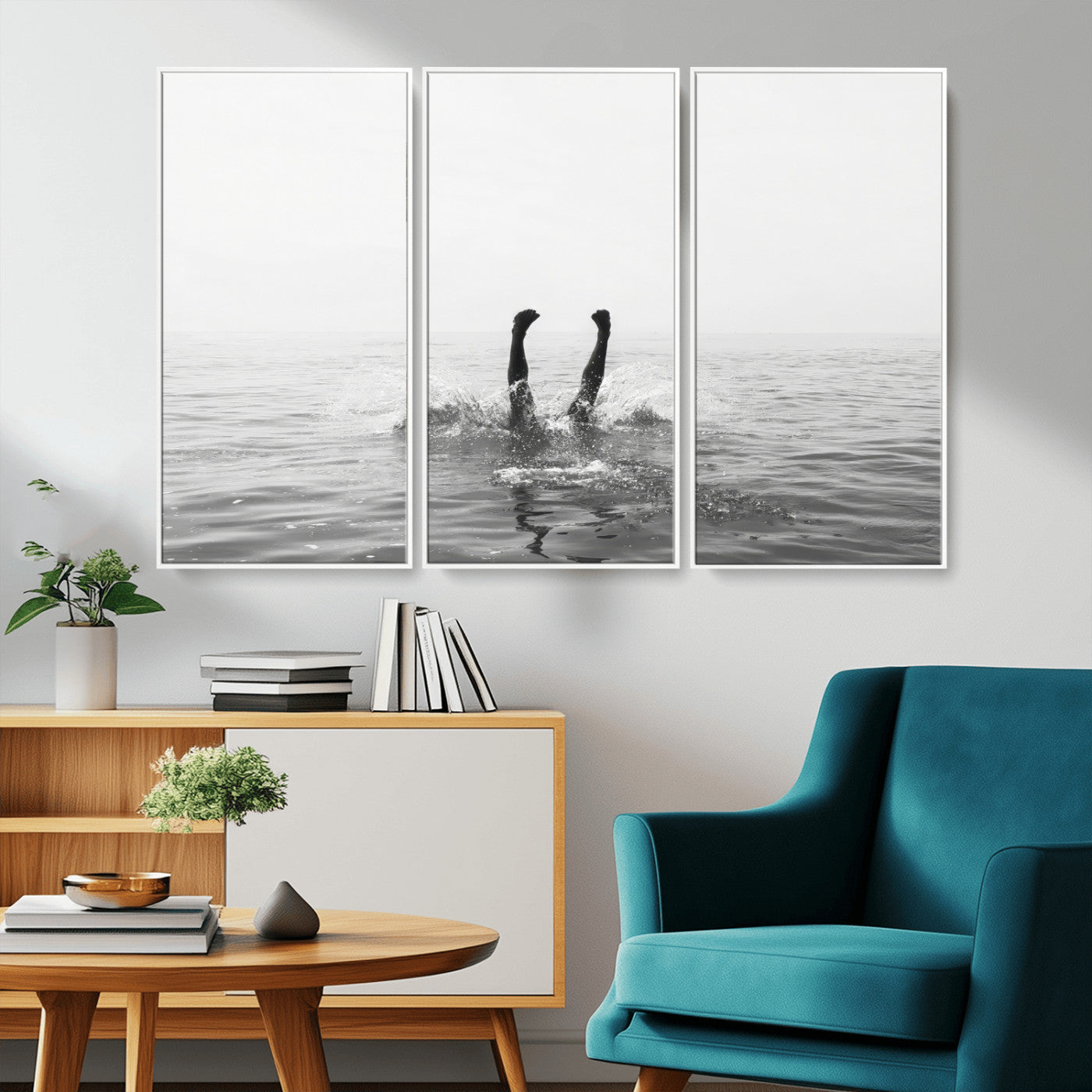 26667396-MGV-CV-36X24-Black White Ocean Wall Art Canvas Print, Framed Monochrome Water Art Picture Print, Diving into Water Perfect Minimalist Aquatic