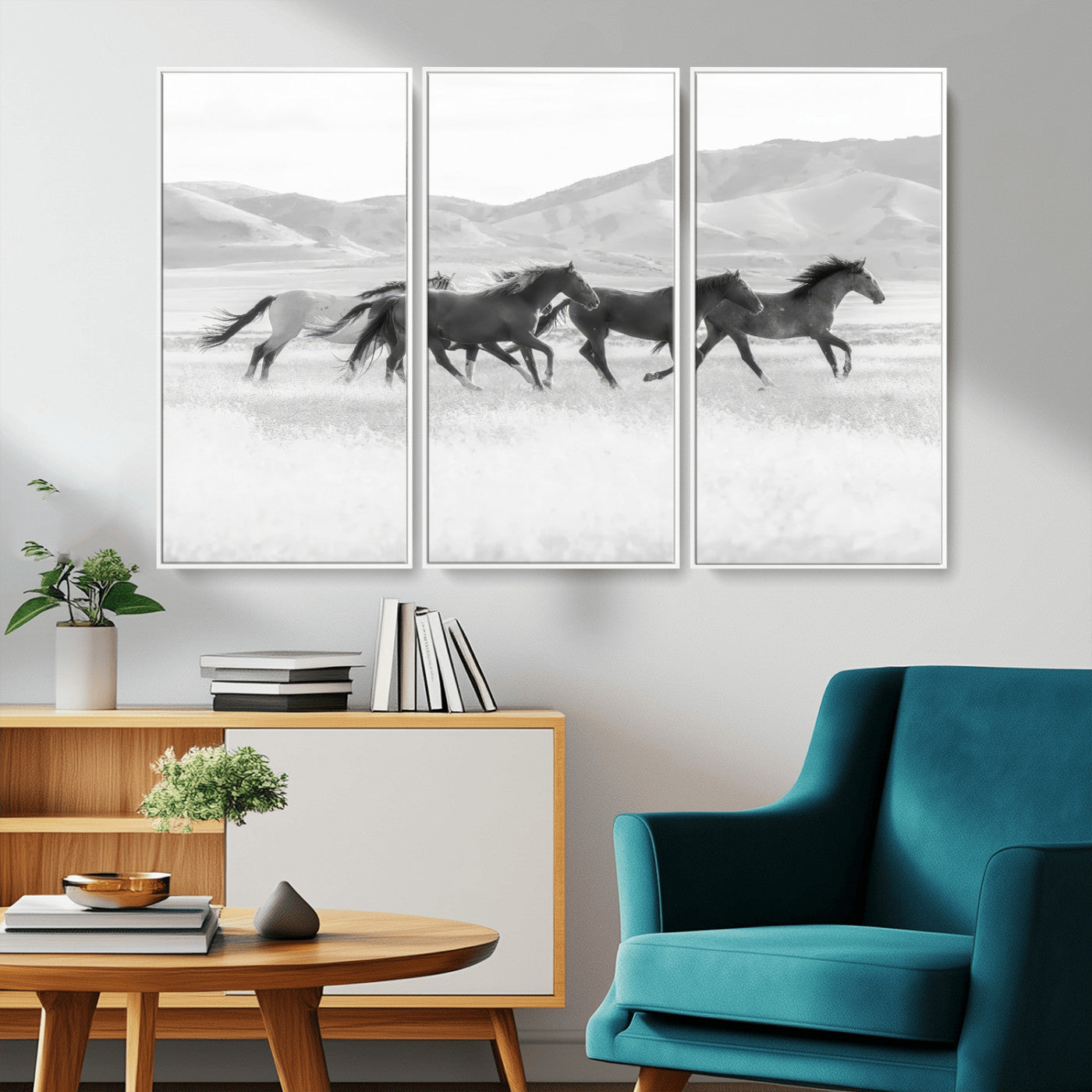 69934913-MGV-CV-36X24-Wild Horses Running Wall Art Canvas Print, Framed Black White Mustangs Art Picture Print, Rustic Western Perfect Rustic Western