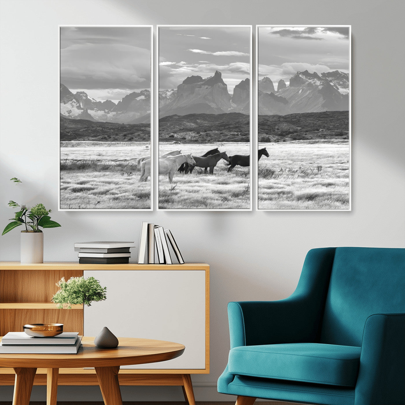 21655040-MGV-CV-36X24-Wild Horses Wall Art Canvas Print, Framed Black White Mountains Art Picture Print, Rustic Countryside Perfect Rustic Western Decor