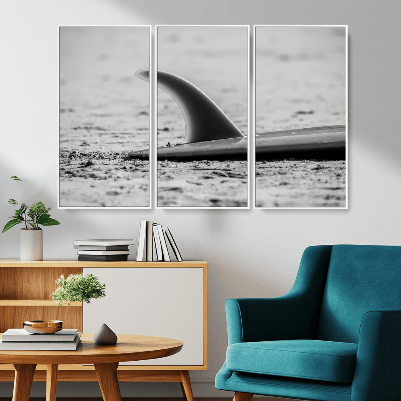 62314230-MGV-CV-36X24-Black White Surfboard Wall Art Canvas Print, Framed Minimalist Beach Art Picture Print, Surf Fin Perfect Minimalist Coastal Decor