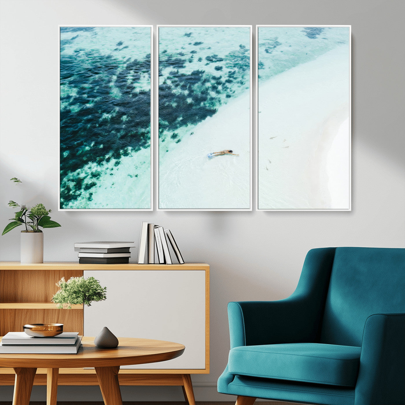 33764764-MGV-CV-36X24-Minimal Beach Wall Art Canvas Print, Framed Ocean Swimming Art Picture Print, Clear Ocean Perfect Minimal Coastal Decor Artwork