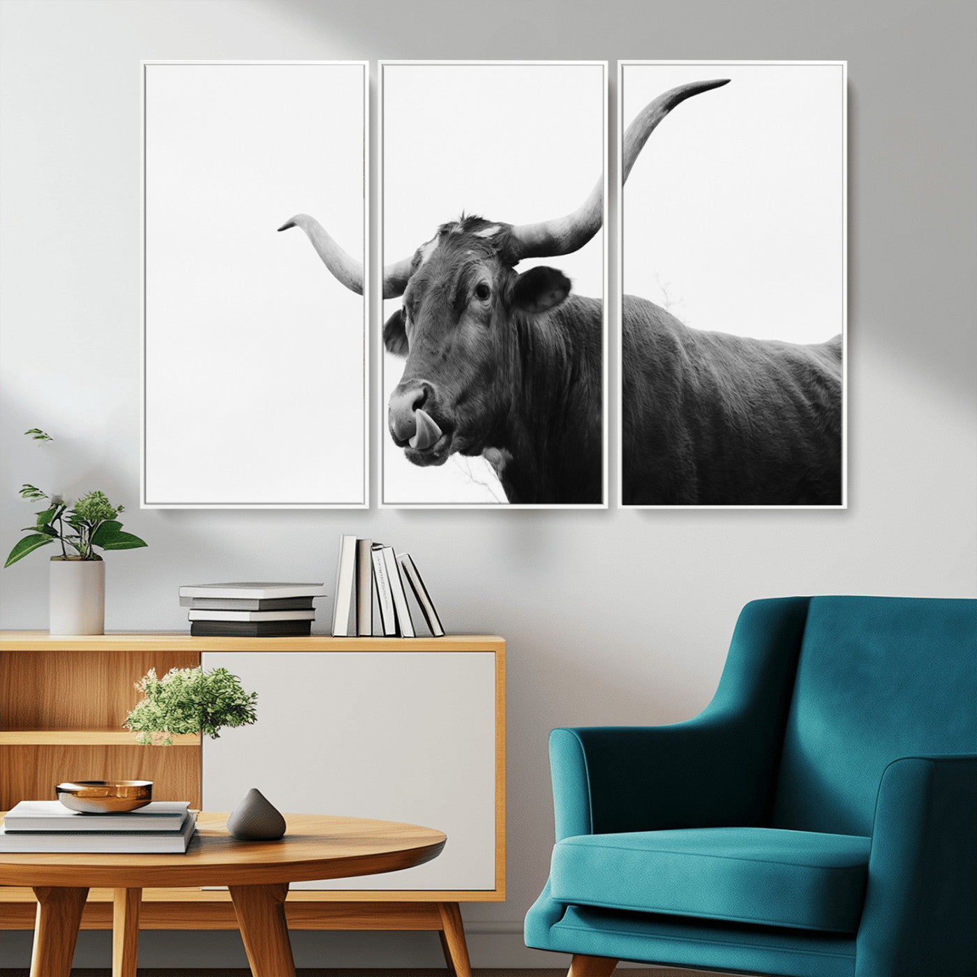 99244177-MGV-CV-36X24-Longhorn Photography Wall Art Canvas Print, Framed Western Cow Decor Art Picture Print, Black White Bull Perfect Modern Rustic