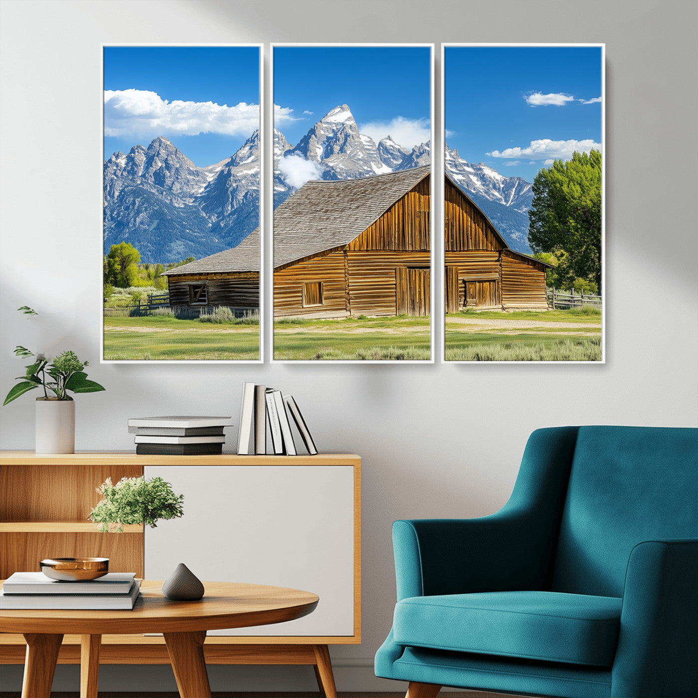 75948467-MGV-CV-36X24-Mountain Barn Scene Wall Art Canvas Print, Framed Rustic Farmhouse Style Art Picture Print, Country Cabin Decor Perfect Rustic